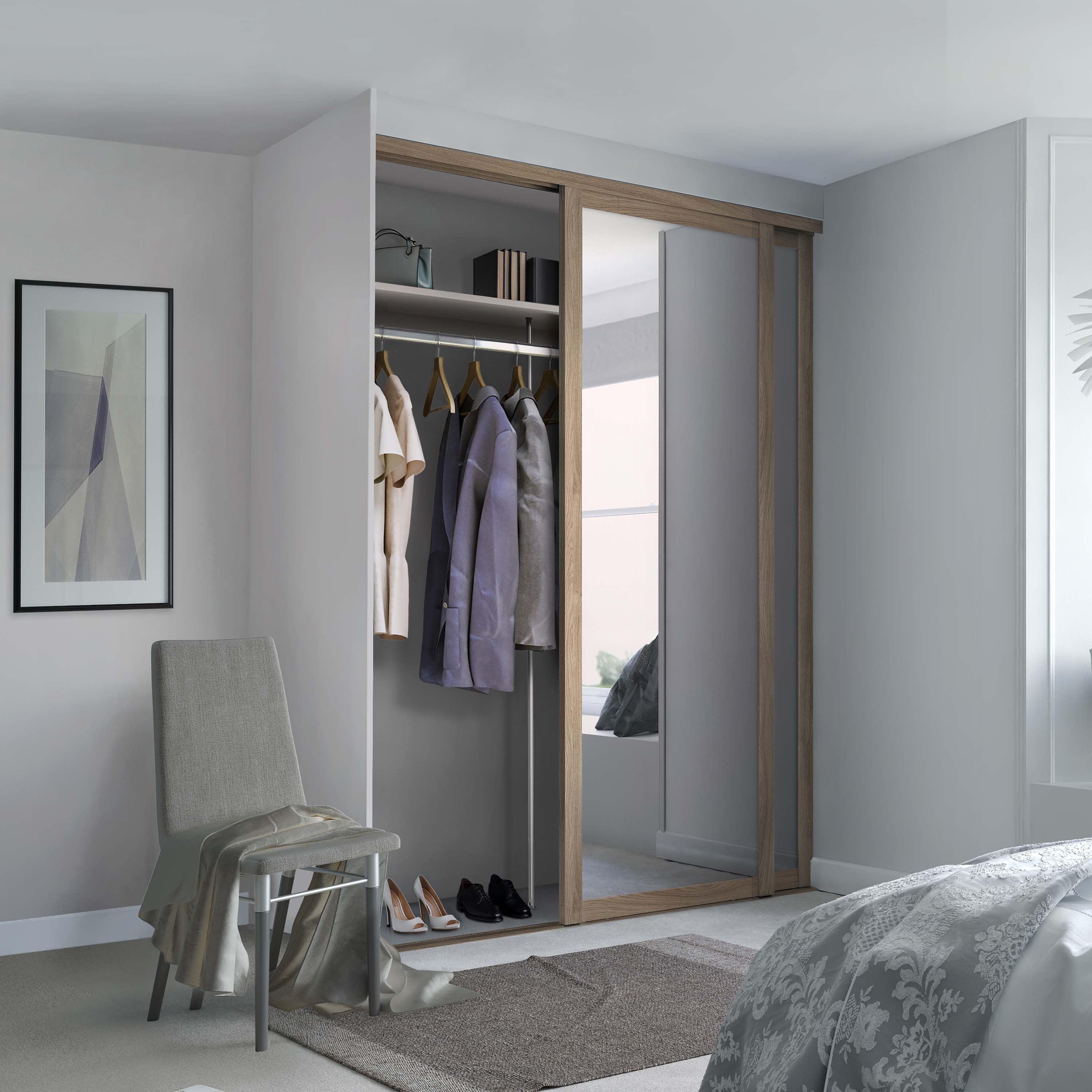 Spacepro Shaker 2 Door sliding wardrobe Kit Mirror Oak frame (w)1449mm
