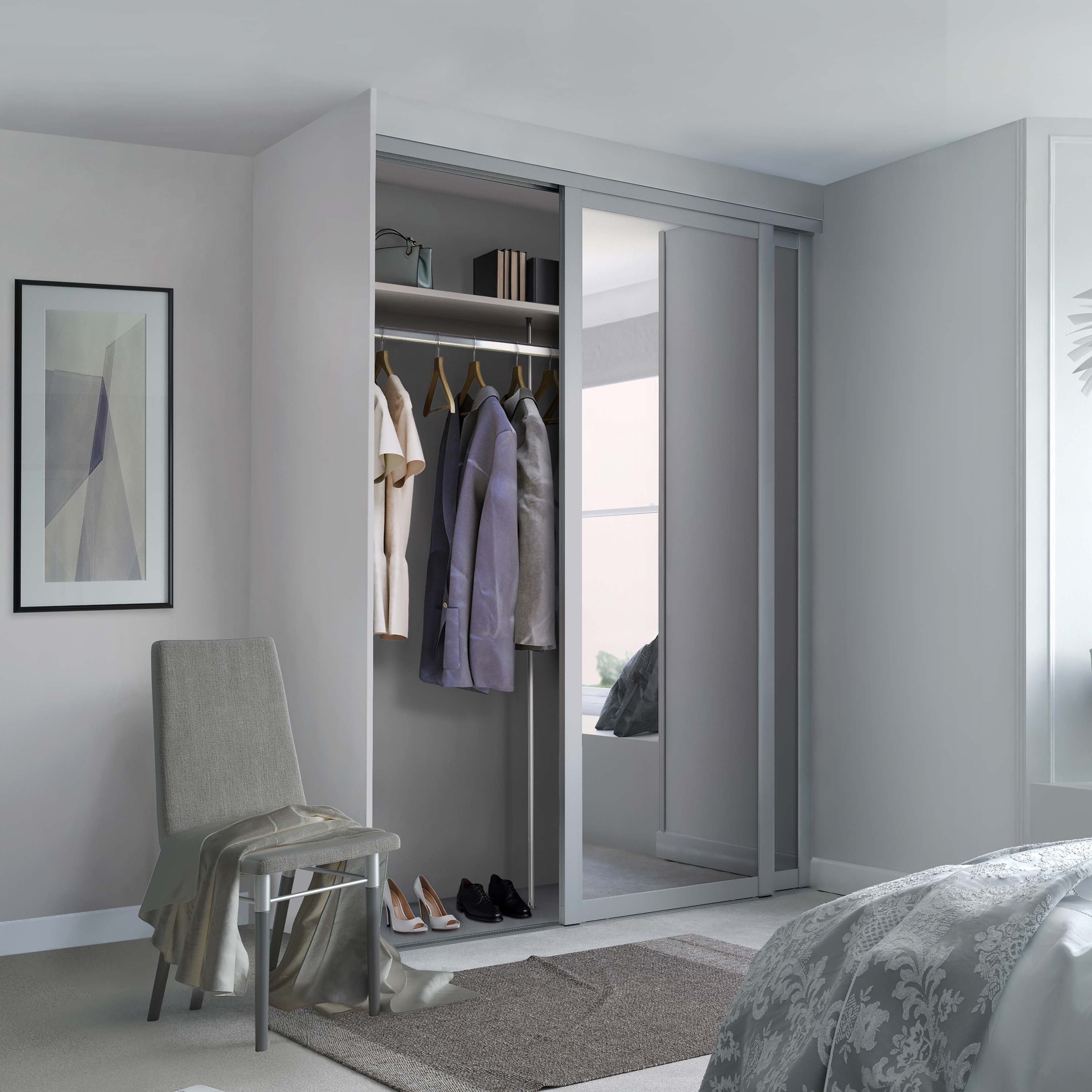 Spacepro Shaker 2 Door sliding wardrobe Kit Mirror Dove Grey frame (w)1145mm