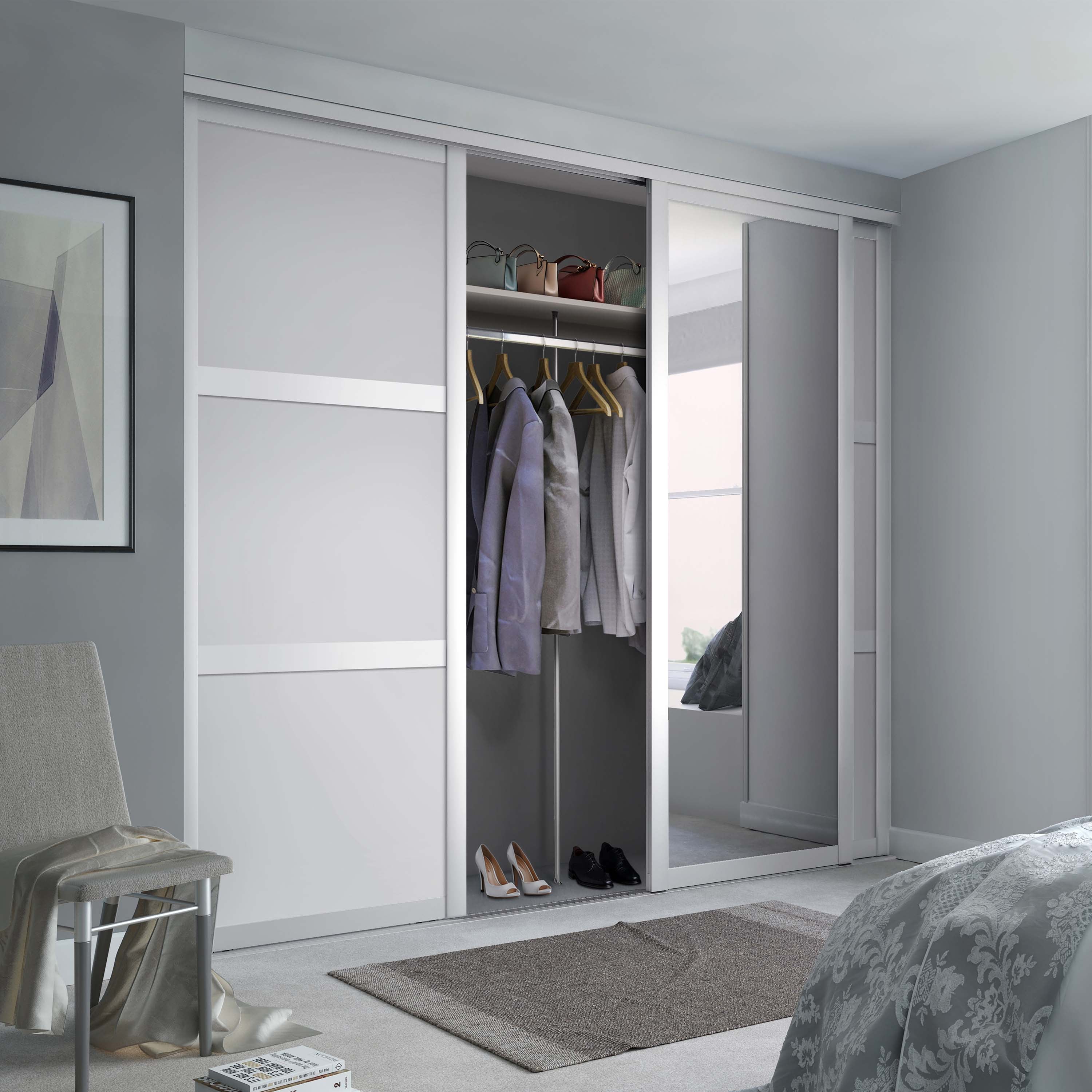 Spacepro Shaker 3 Door sliding wardrobe Kit Mirror White frame (w)2592mm