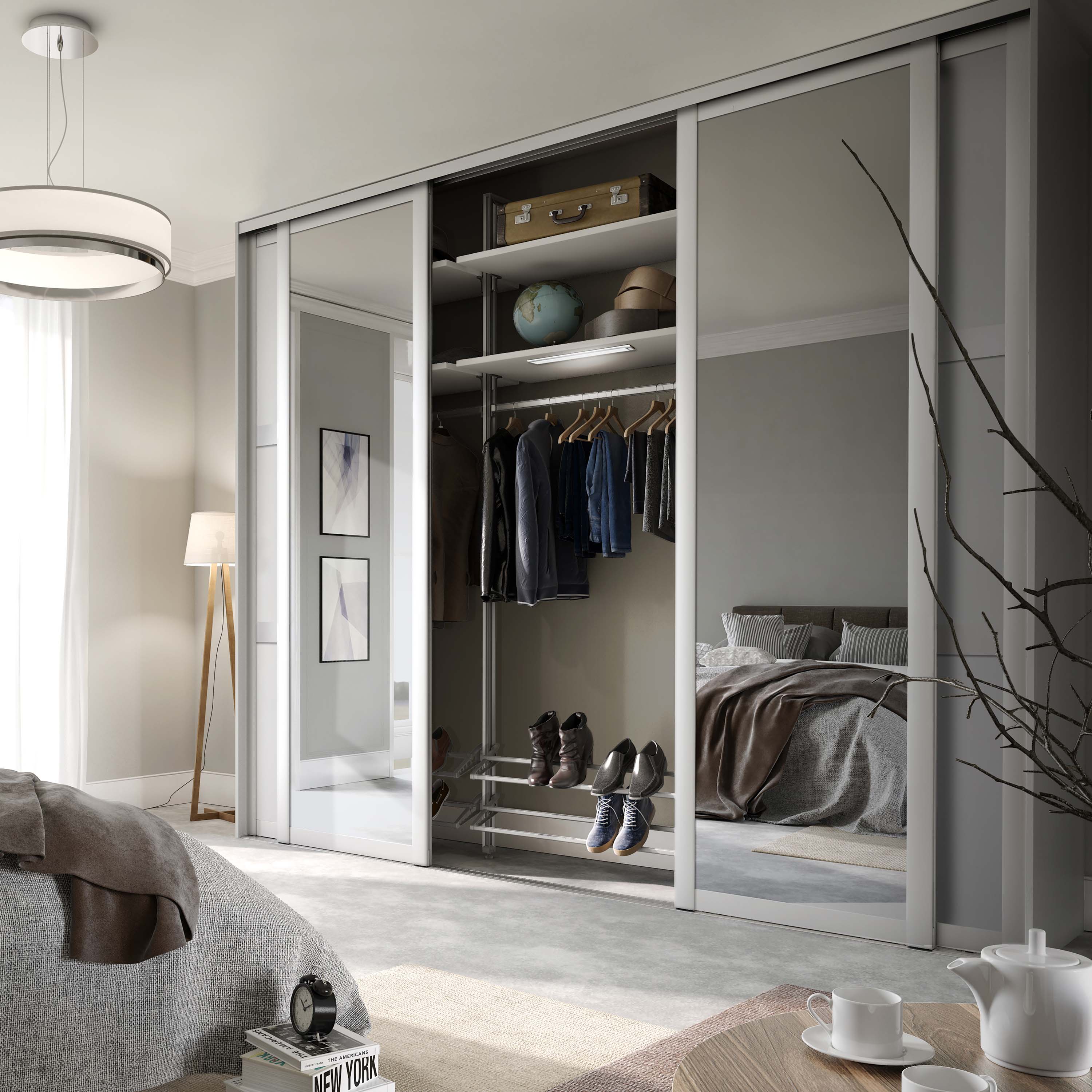 Spacepro Shaker 4 Door sliding wardrobe Kit Mirror White frame (w)2898mm