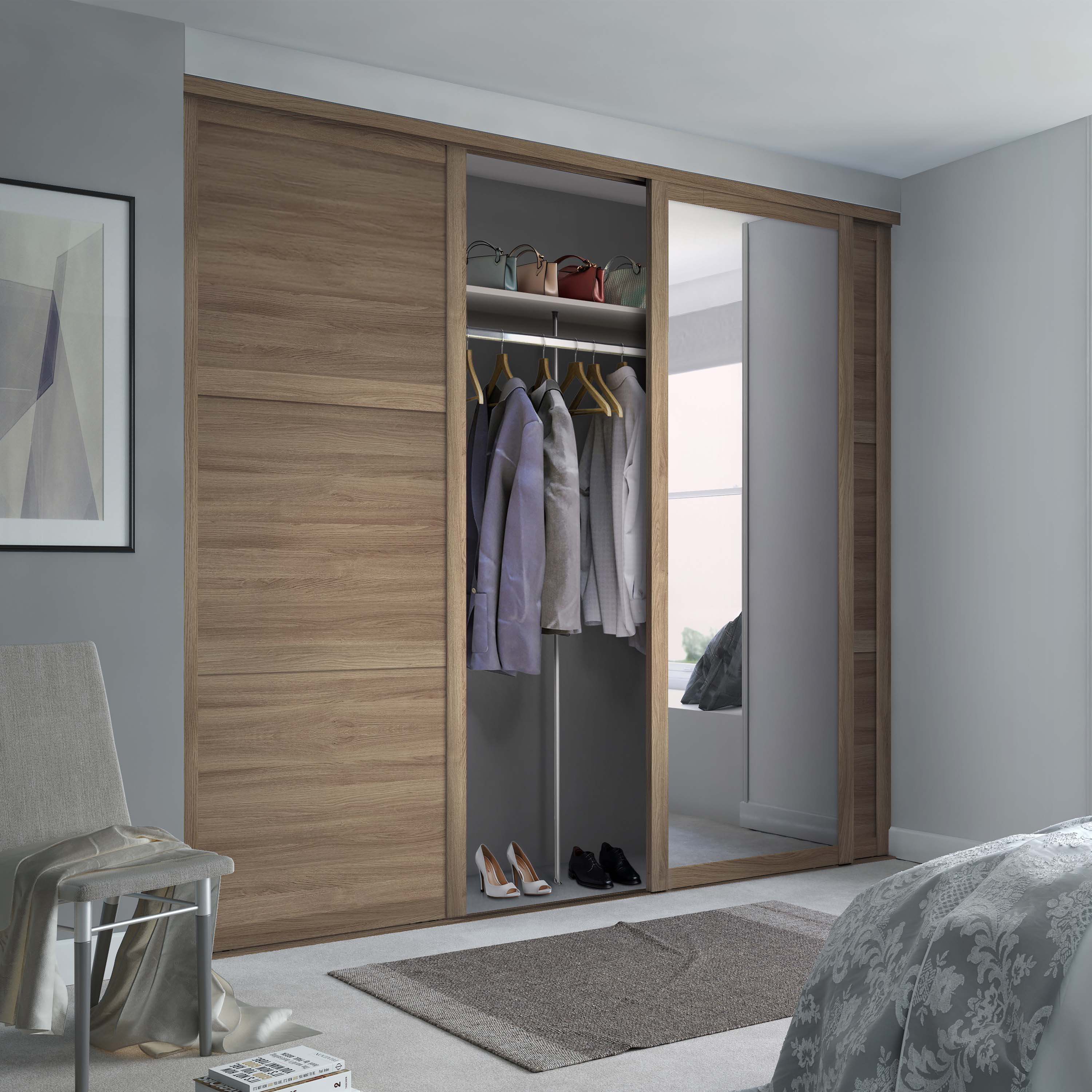 Spacepro Shaker 3 Door sliding wardrobe Kit Mirror Oak frame (w)2136mm