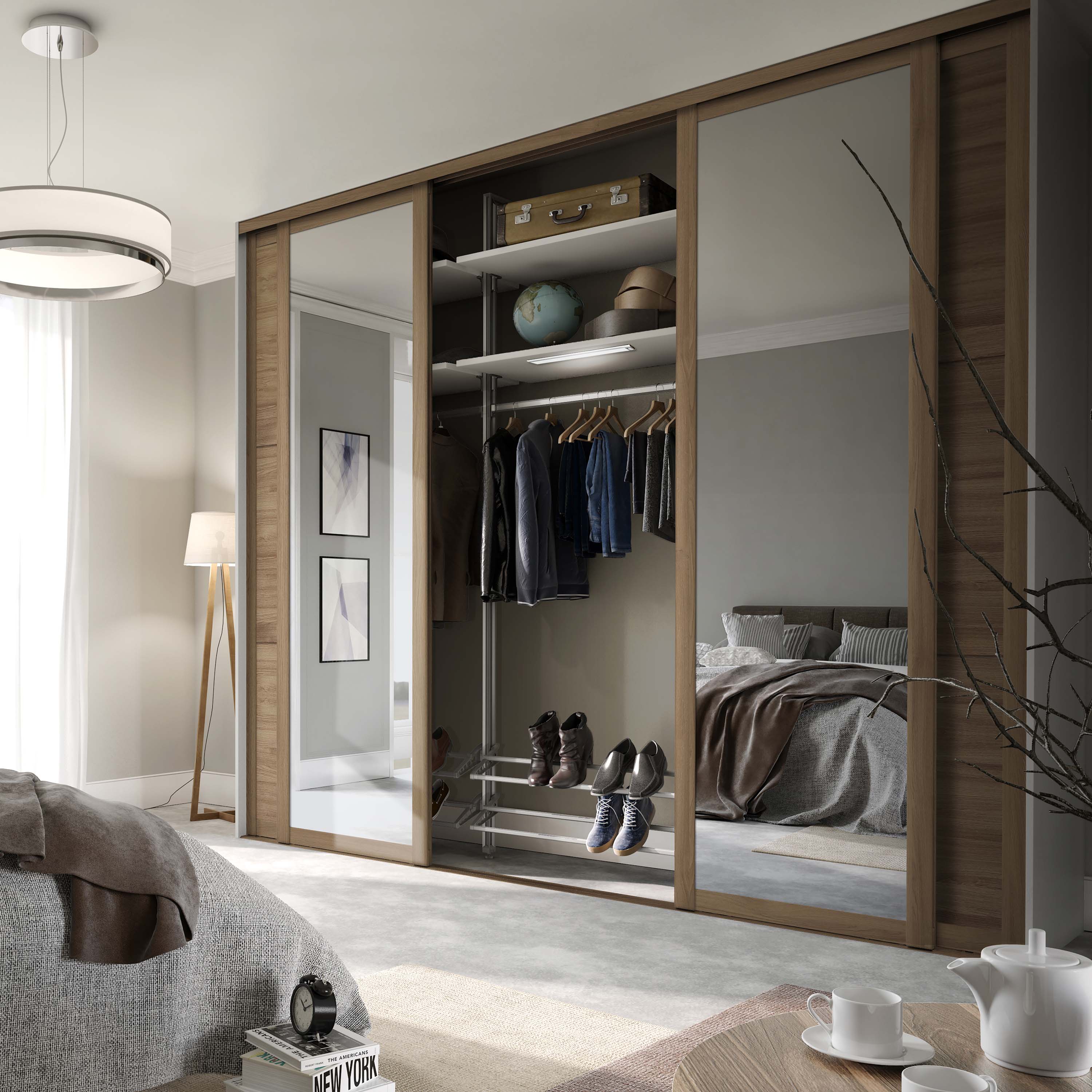 Spacepro Shaker 4 Door sliding wardrobe Kit Mirror Oak frame (w)2290mm