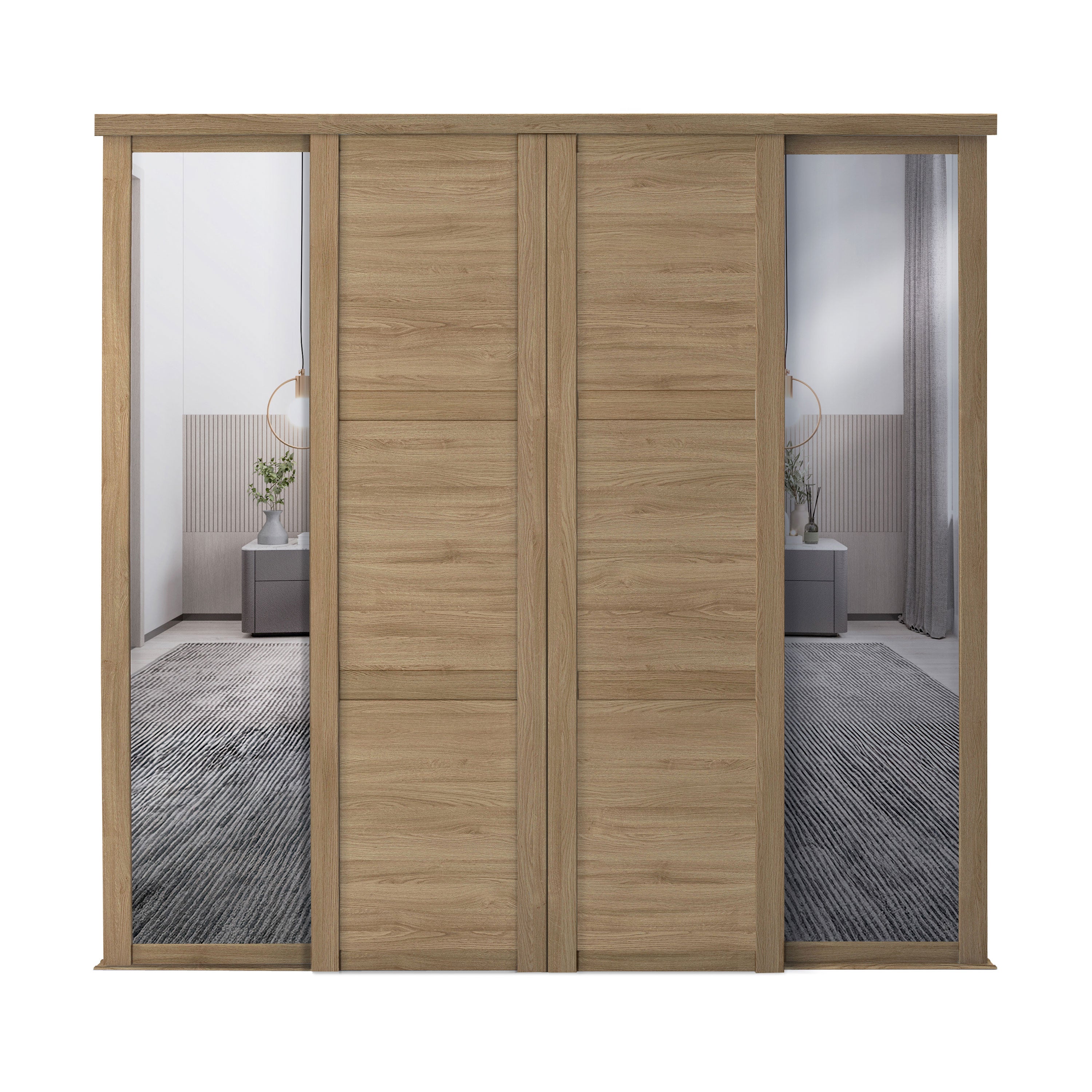 Spacepro Shaker 4 Door sliding wardrobe Kit Mirror Oak frame (w)2898mm