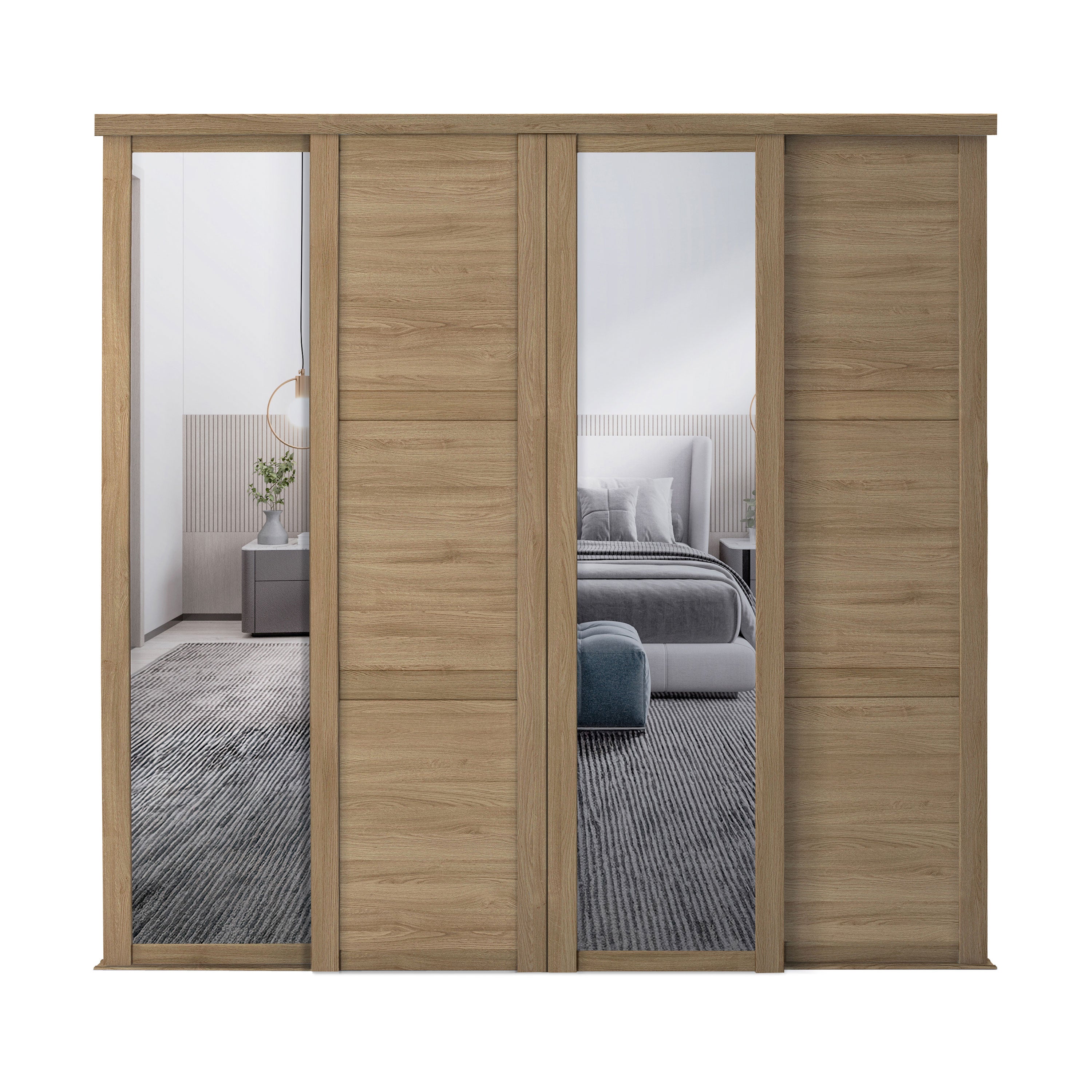 Spacepro Shaker 4 Door sliding wardrobe Kit Mirror Oak frame (w)2898mm