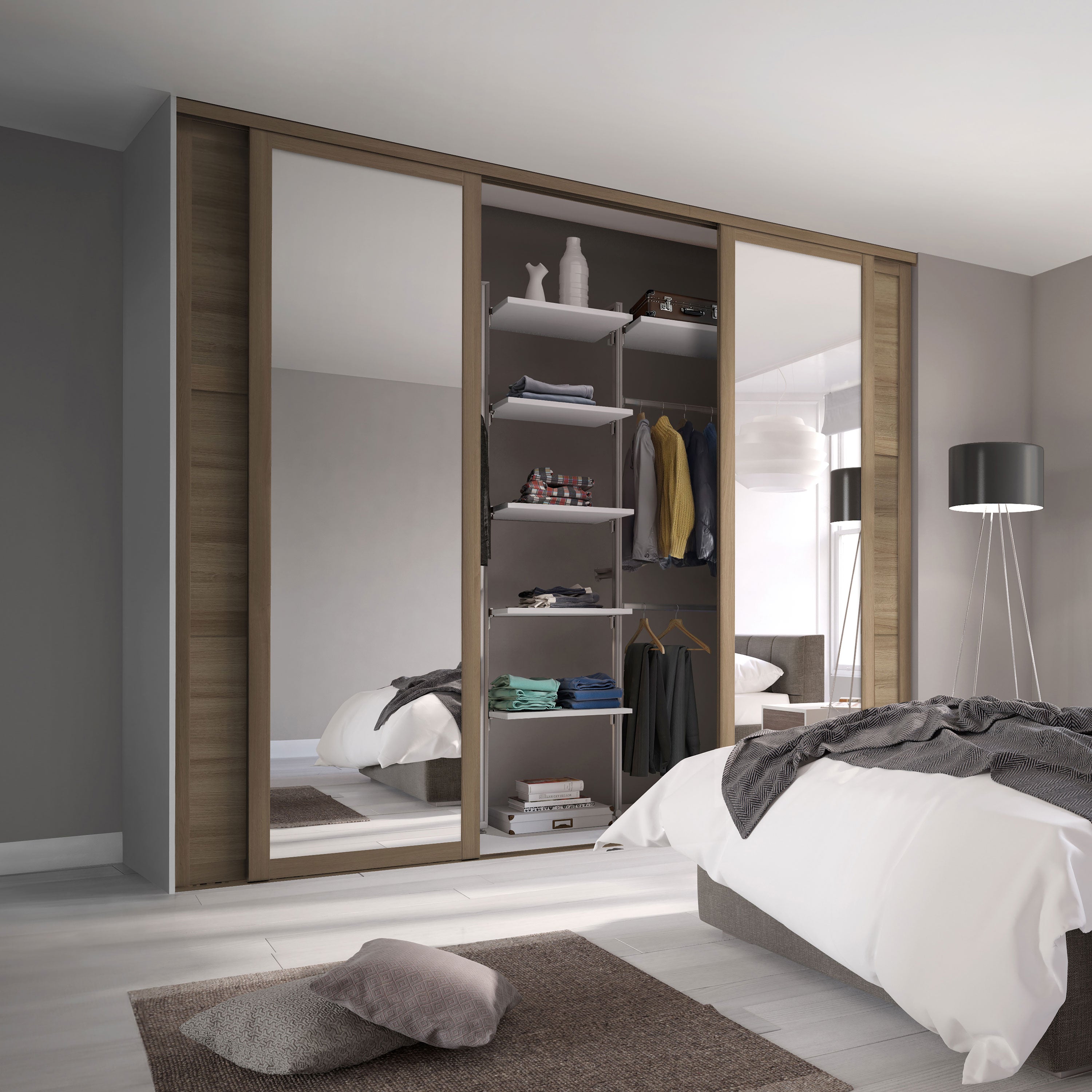 Spacepro Shaker 4 Door sliding wardrobe Kit Mirror Oak frame (w)2898mm