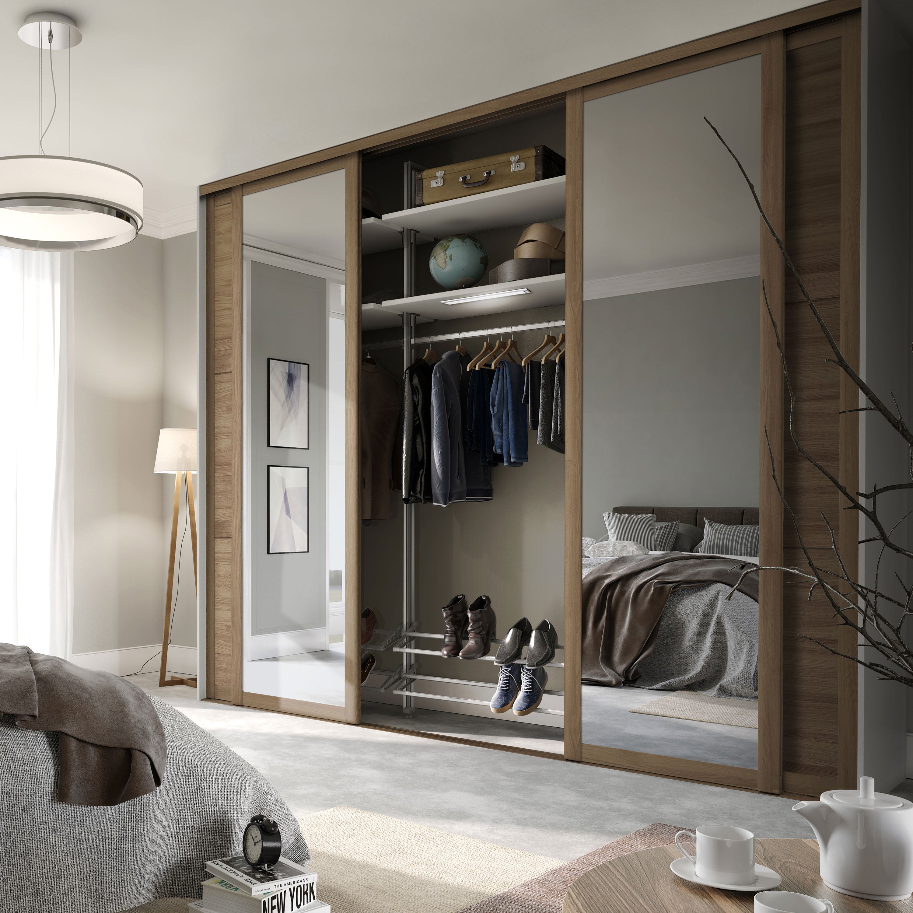 Spacepro Shaker 4 Door sliding wardrobe Kit Mirror Oak frame (w)2898mm
