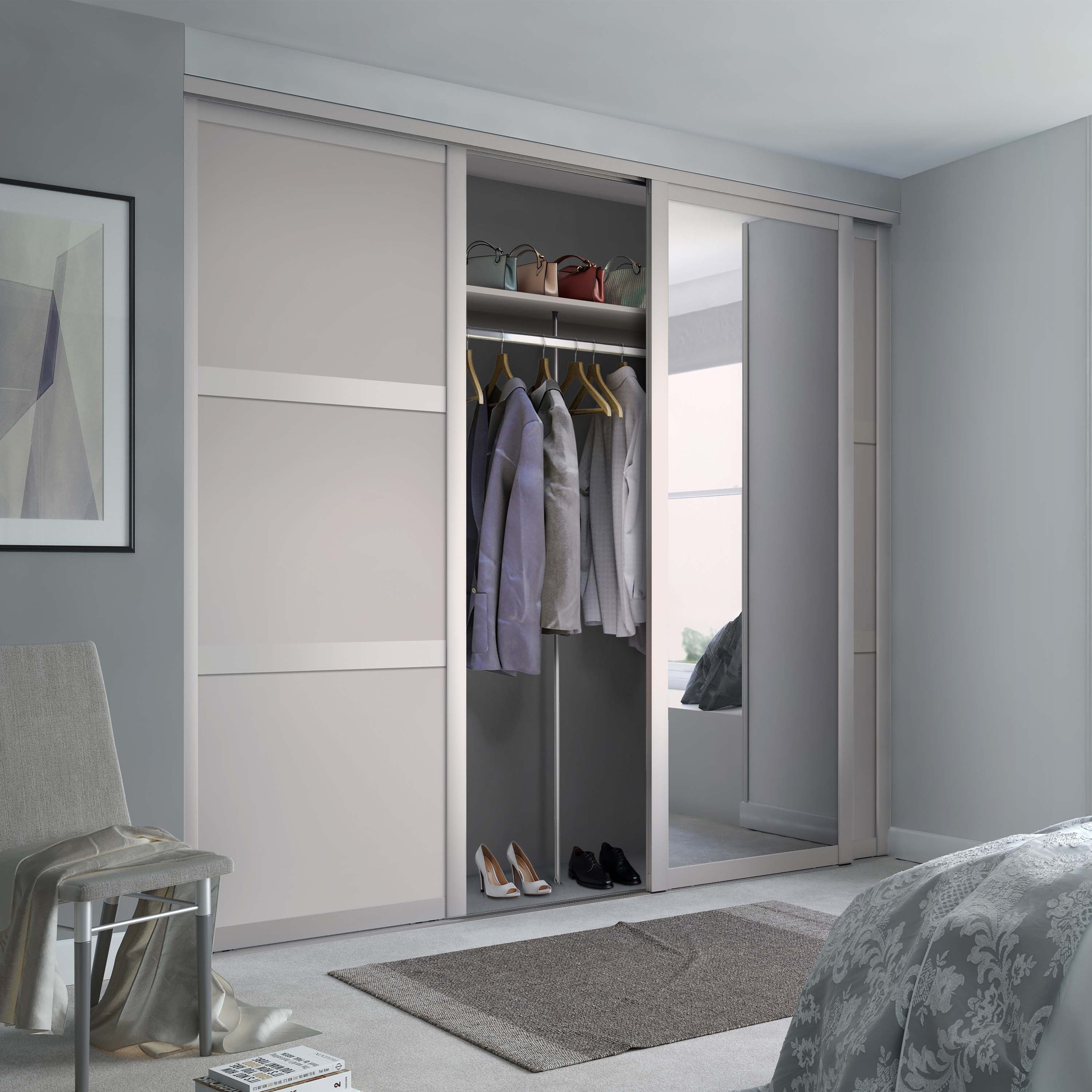Spacepro Shaker 3 Door sliding wardrobe Kit Mirror Cashmere frame (w)2592mm