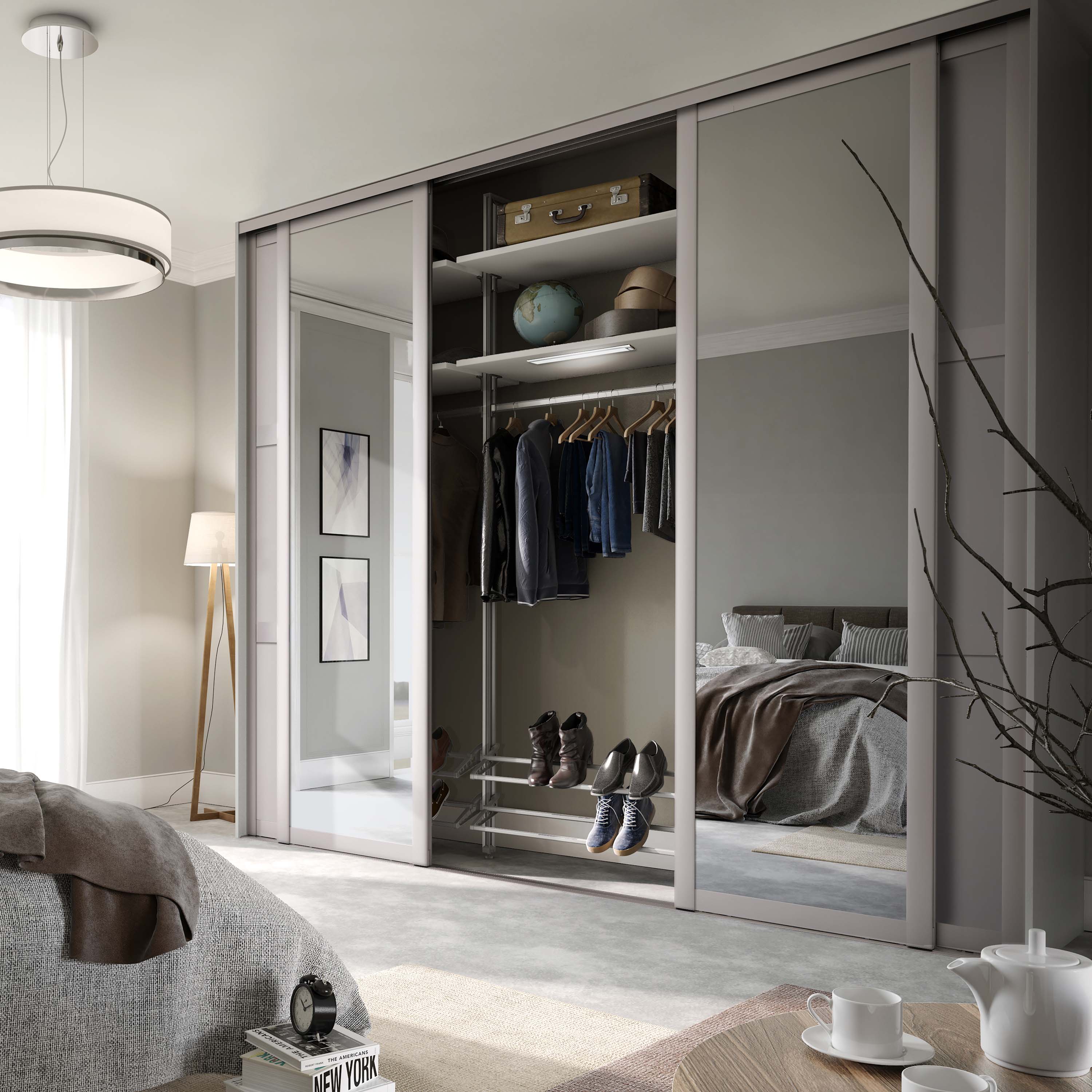 Spacepro Shaker 4 Door sliding wardrobe Kit Mirror Cashmere frame (w)2898mm