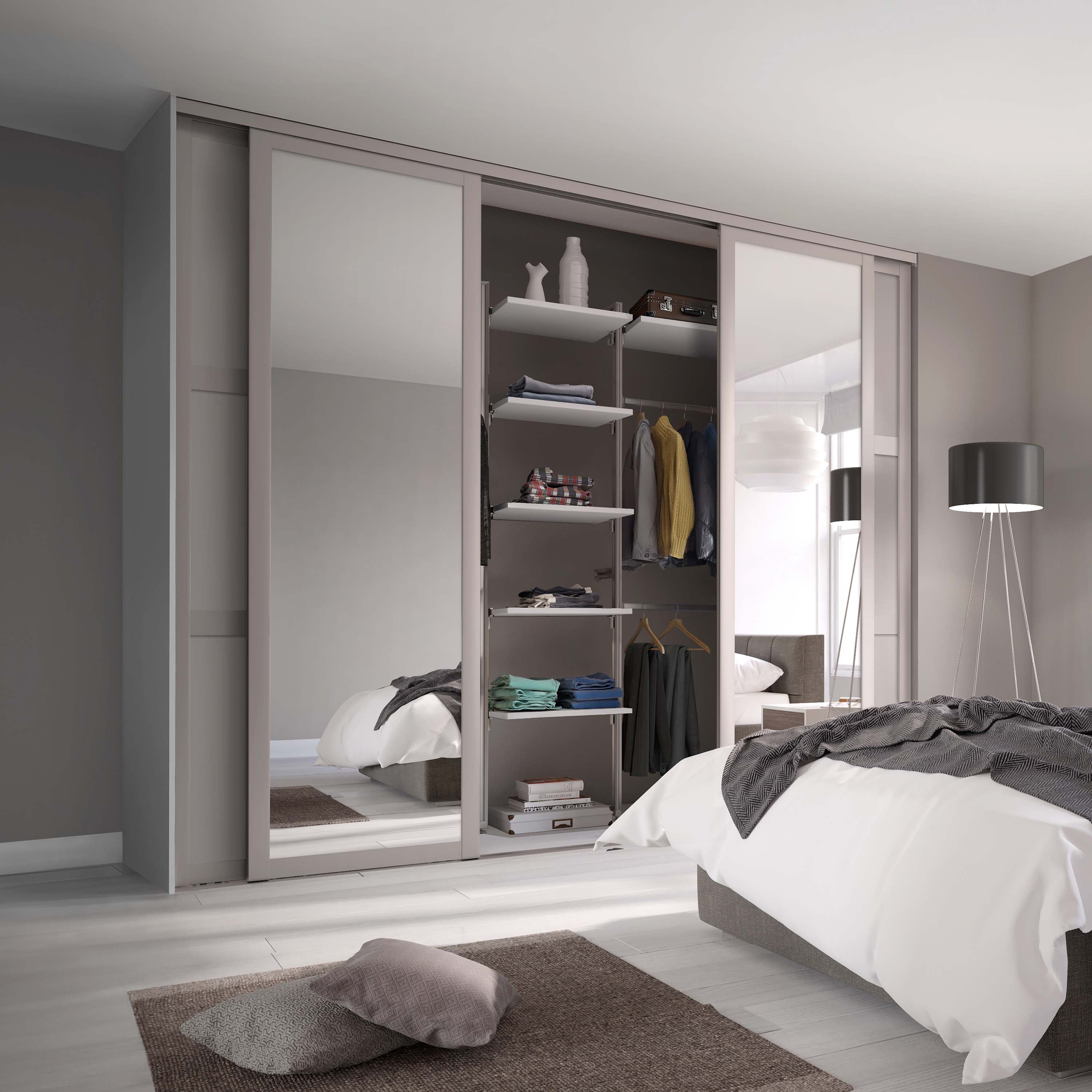 Spacepro Shaker Cashmere Wood & Mirror 4 Door Sliding Wardrobe Door Kit w3506mm