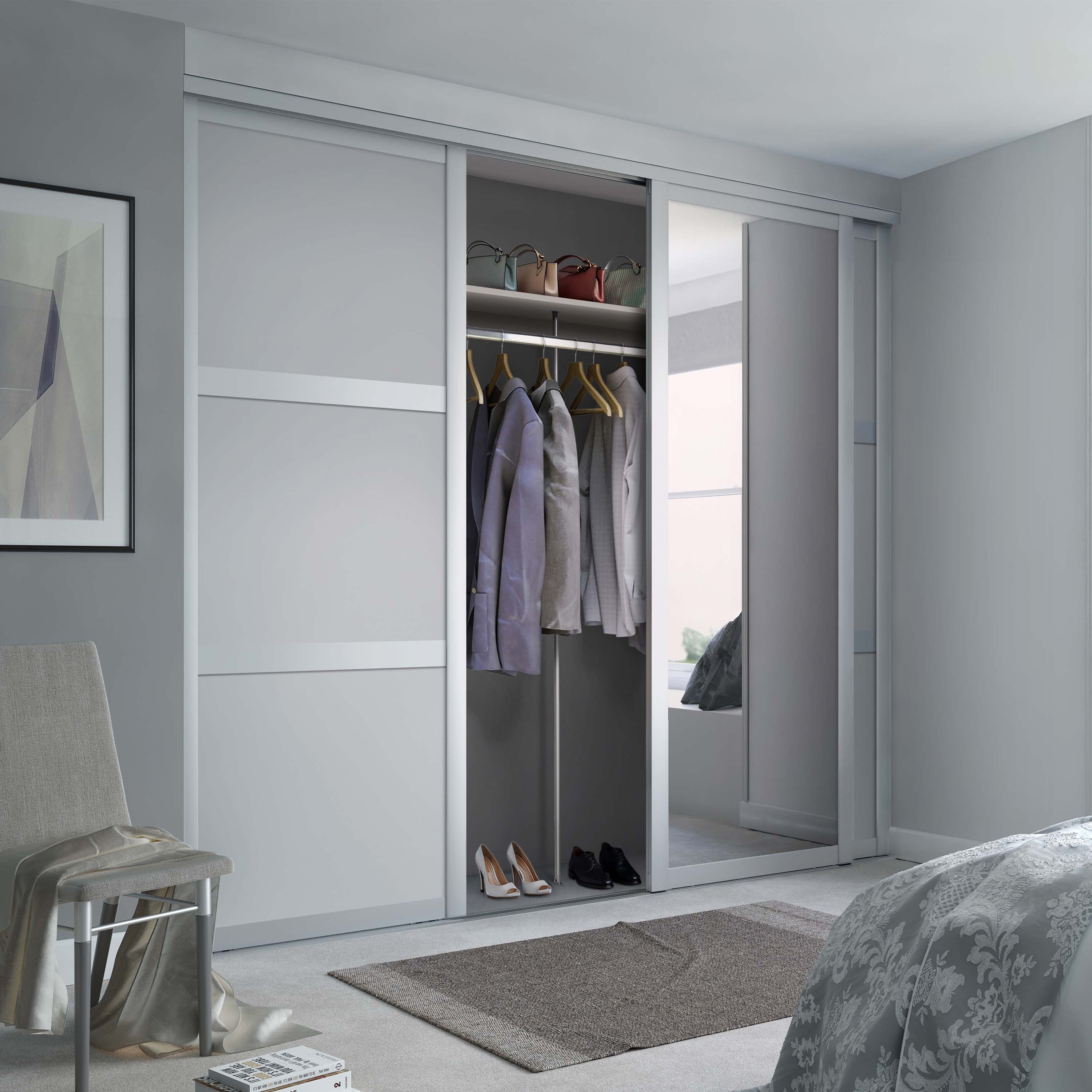 Spacepro Shaker 3 Door sliding wardrobe Kit Dove Grey frame 2 x Panel 1 x Mirror (w)1680mm