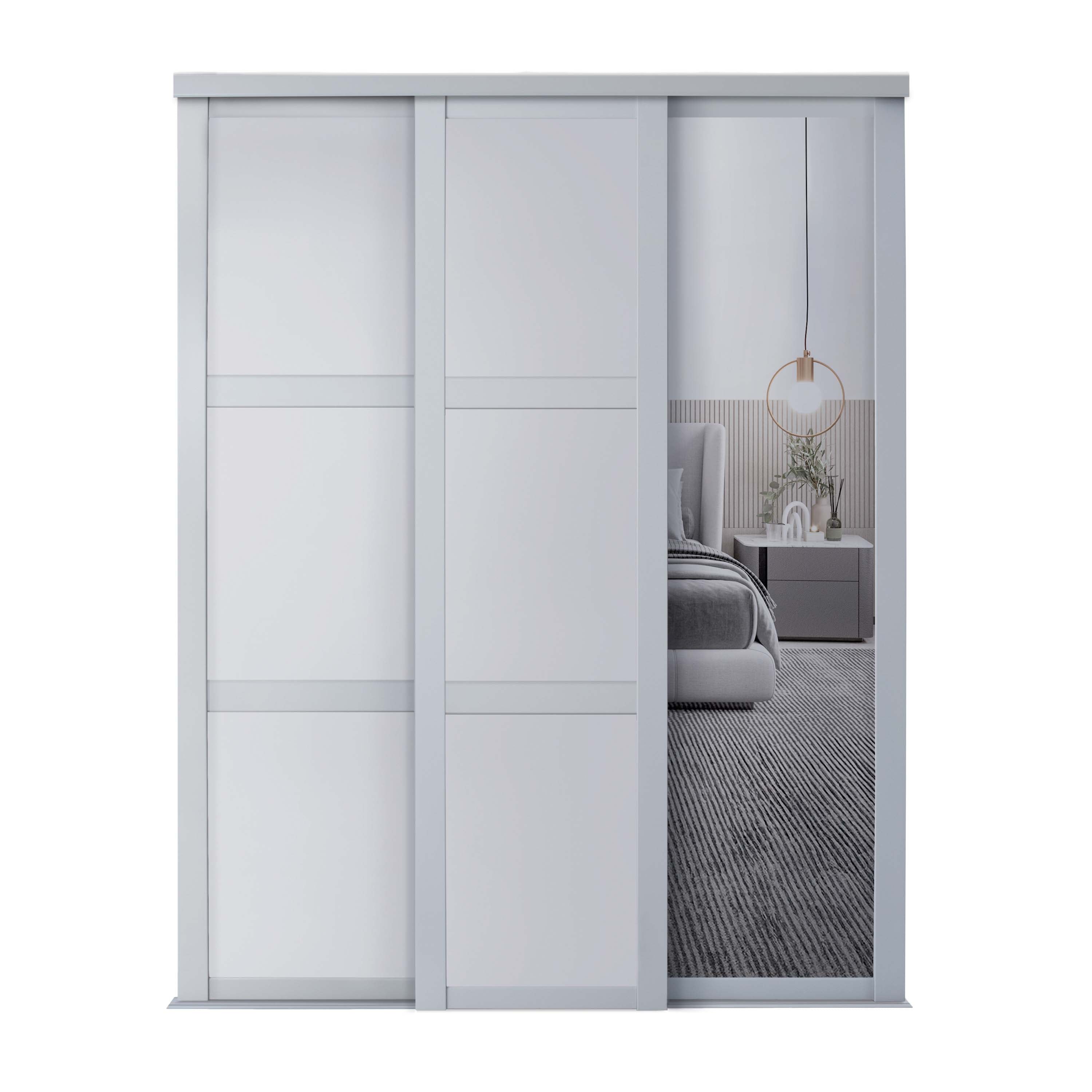 Spacepro Shaker 3 Door sliding wardrobe Kit Dove Grey frame 2 x Panel 1 x Mirror (w)2136mm