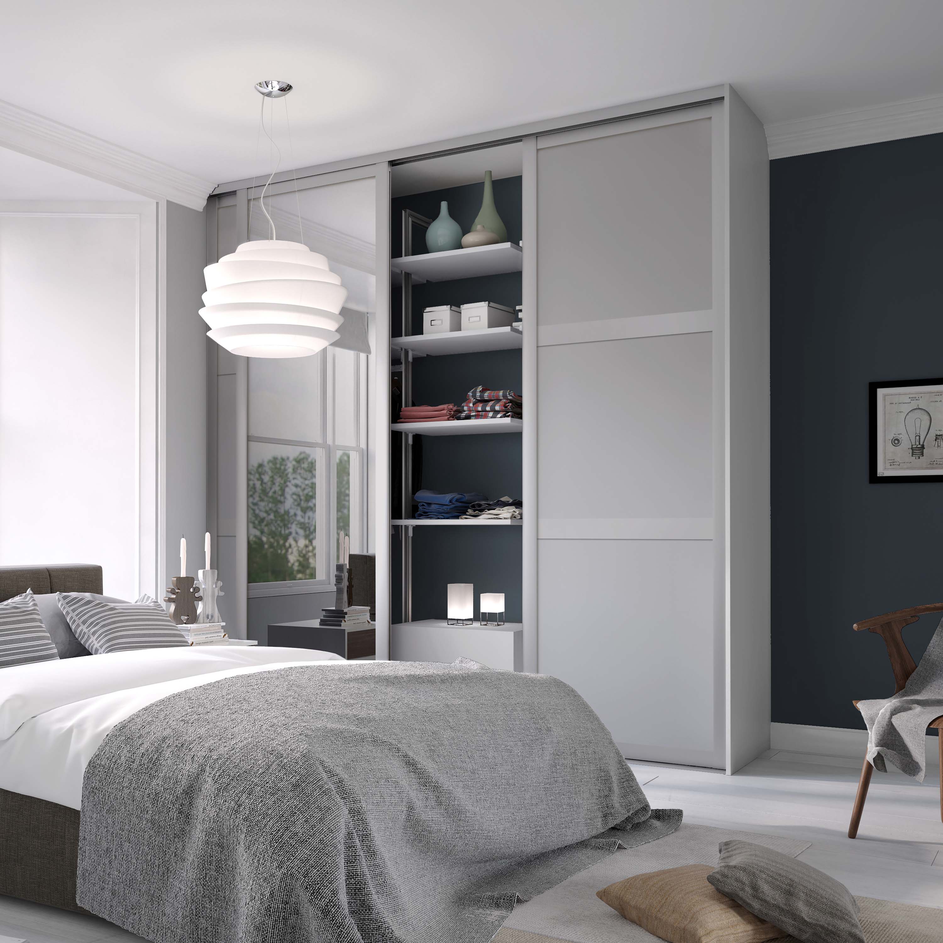 Spacepro Shaker 3 Door sliding wardrobe Kit Dove Grey frame 2 x Panel 1 x Mirror (w)2592mm