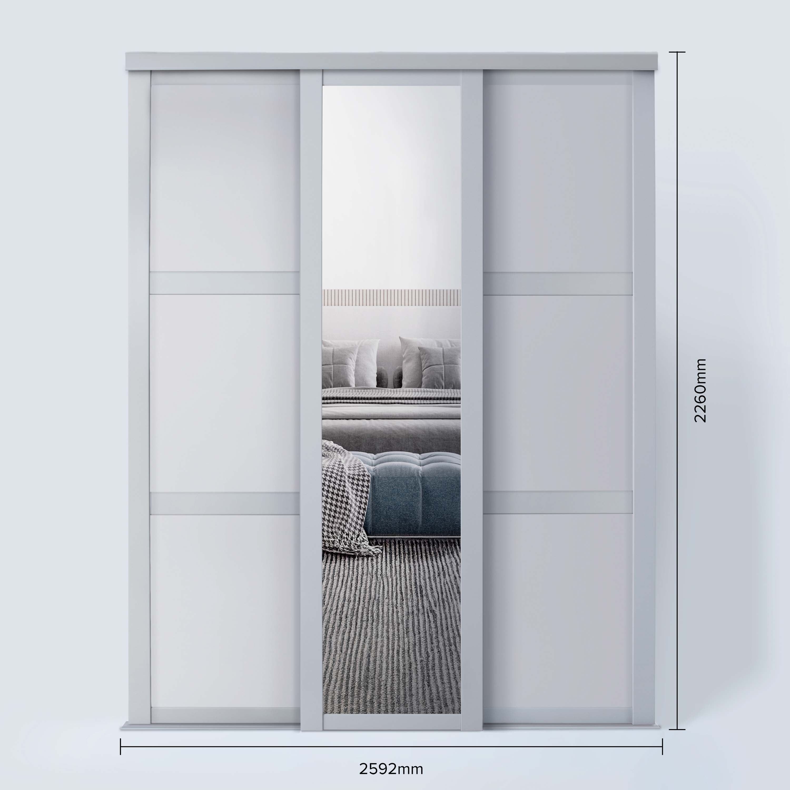Spacepro Shaker 3 Door sliding wardrobe Kit Dove Grey frame 2 x Panel 1 x Mirror (w)2592mm