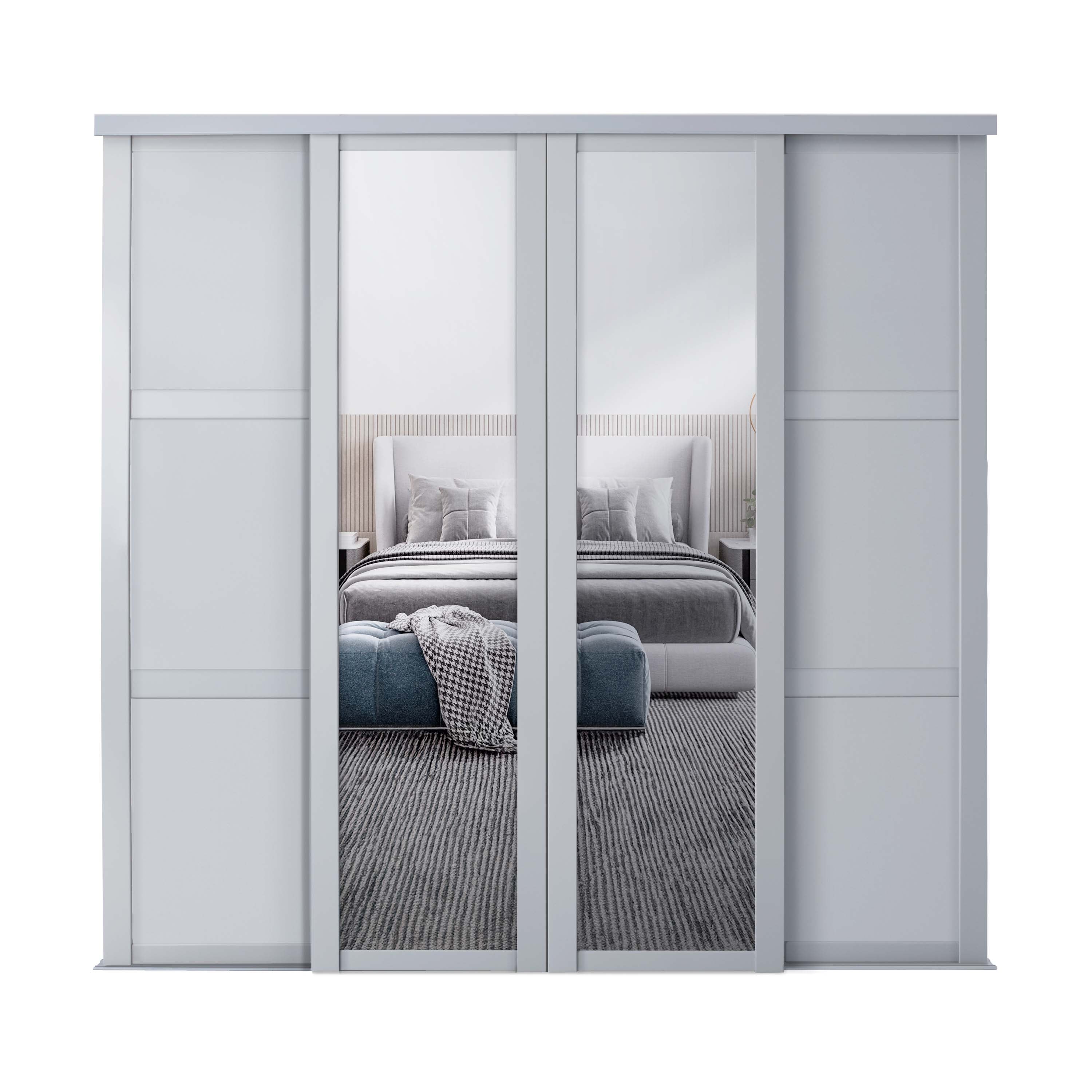 Spacepro Shaker 4 Door sliding wardrobe Kit Dove Grey frame 2 x Panel 2 x Mirror (w)2290mm
