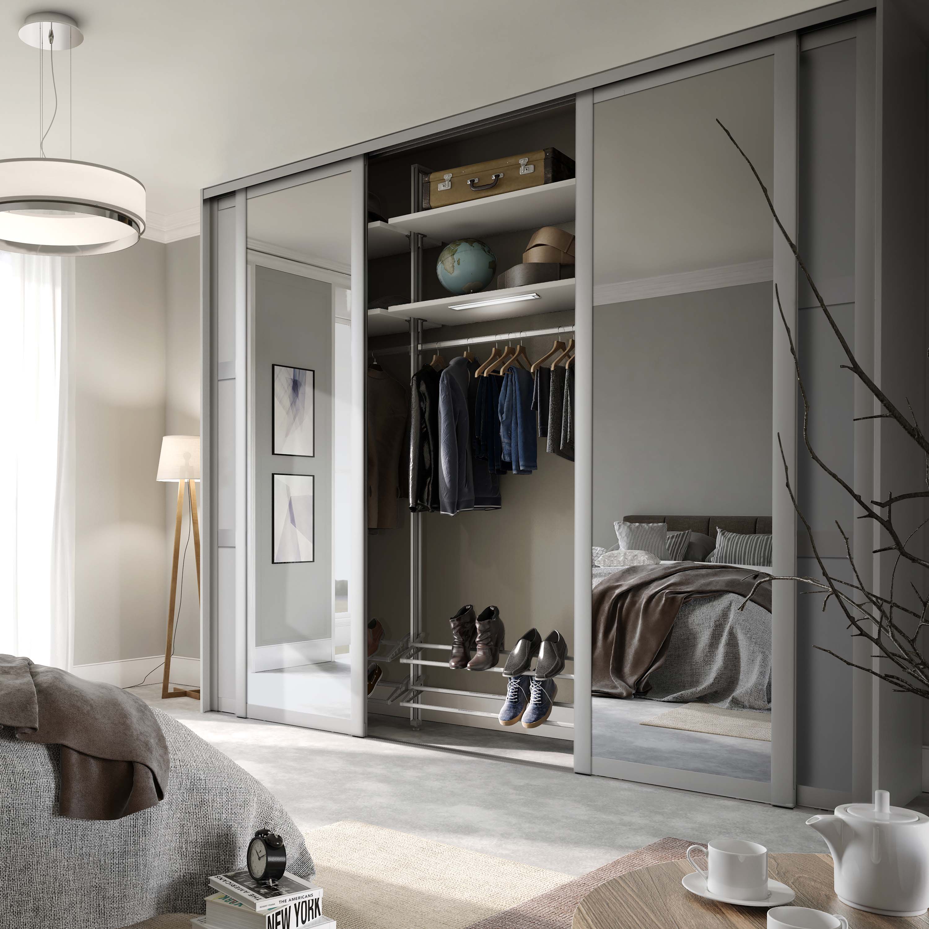 Spacepro Shaker 4 Door sliding wardrobe Kit Dove Grey frame 2 x Panel 2 x Mirror (w)2290mm