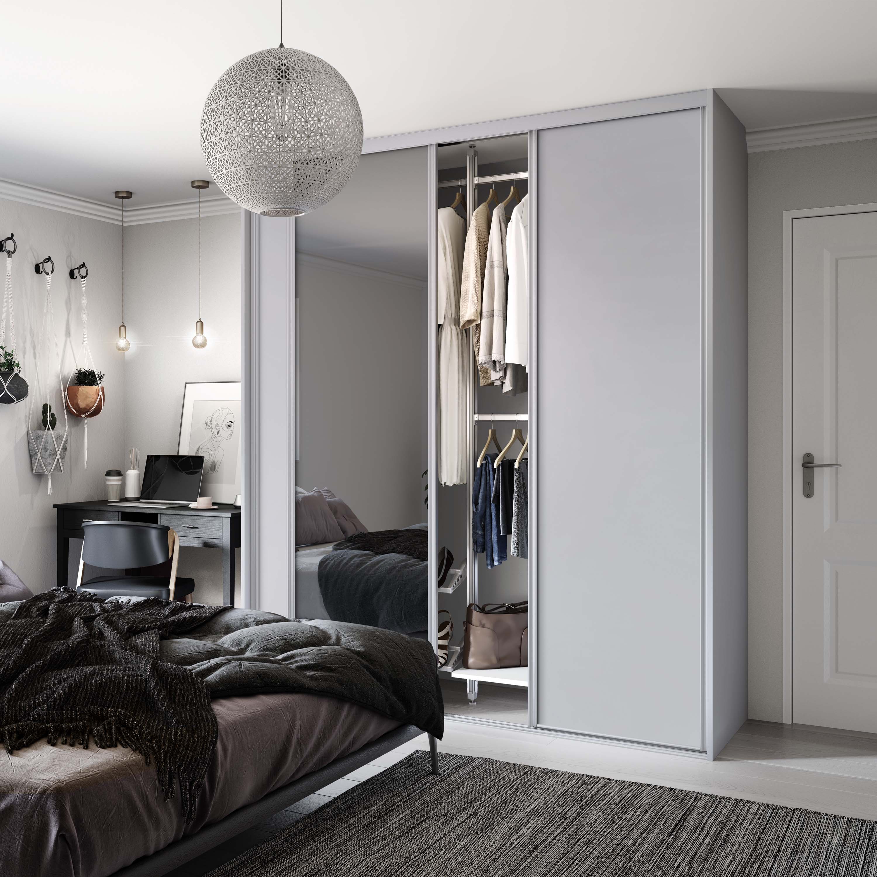 Spacepro Classic 3 Door sliding wardrobe Kit Dove Grey frame 2 x Panel 1 x Mirror (w)1760mm