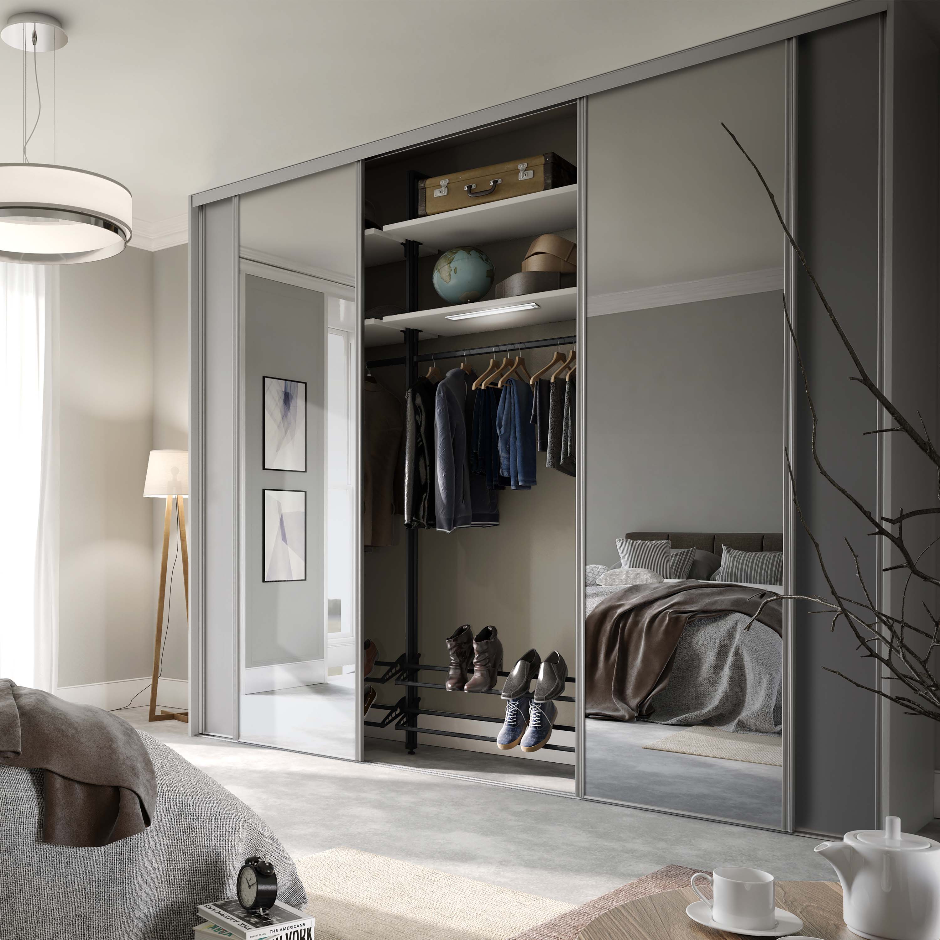Spacepro Classic 4 Door sliding wardrobe Kit Dove Grey frame 2 x Panel 2 x Mirror (w)2370mm