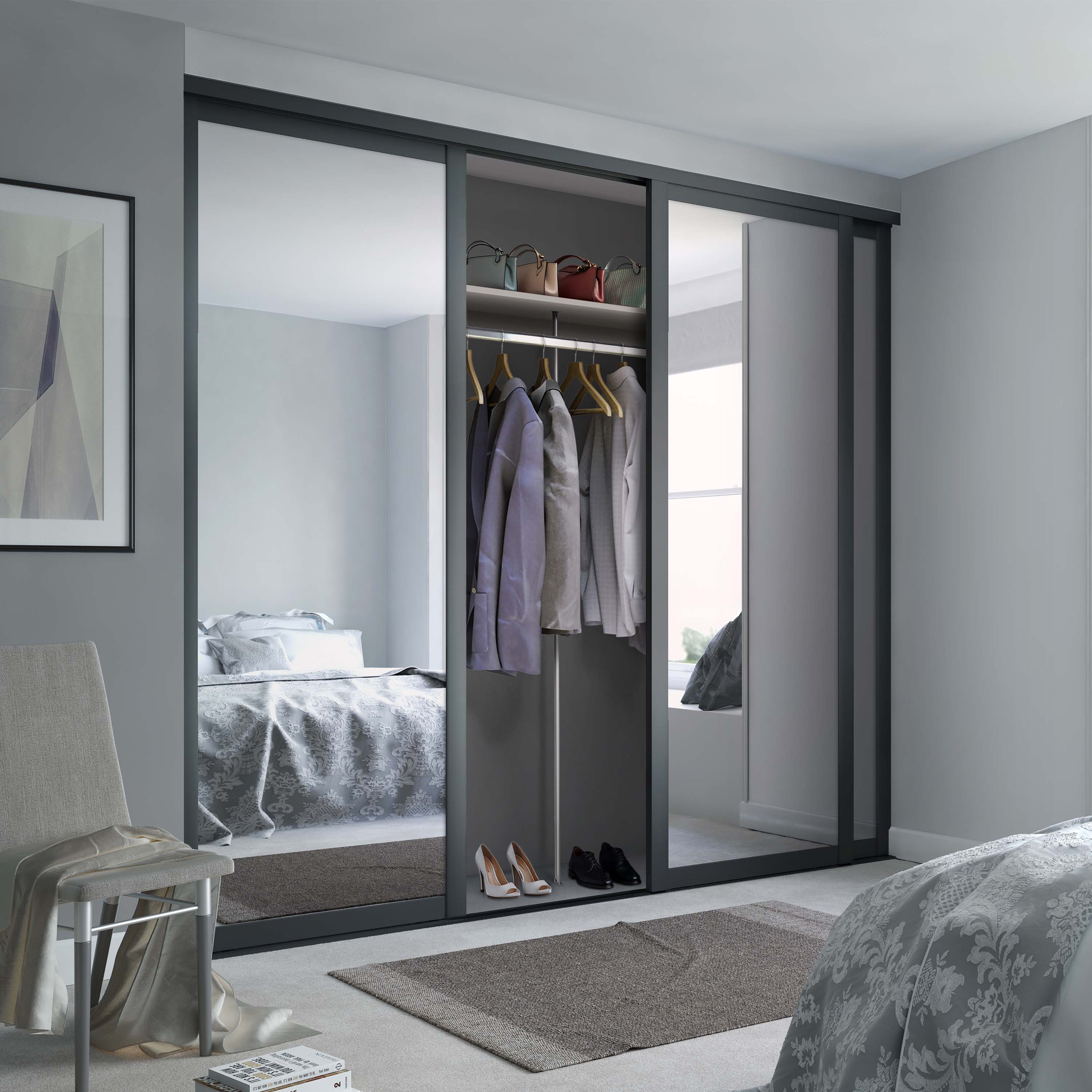 Spacepro Shaker 3 Door sliding wardrobe Kit 3 x Mirror with Graphite frame (w)2136mm