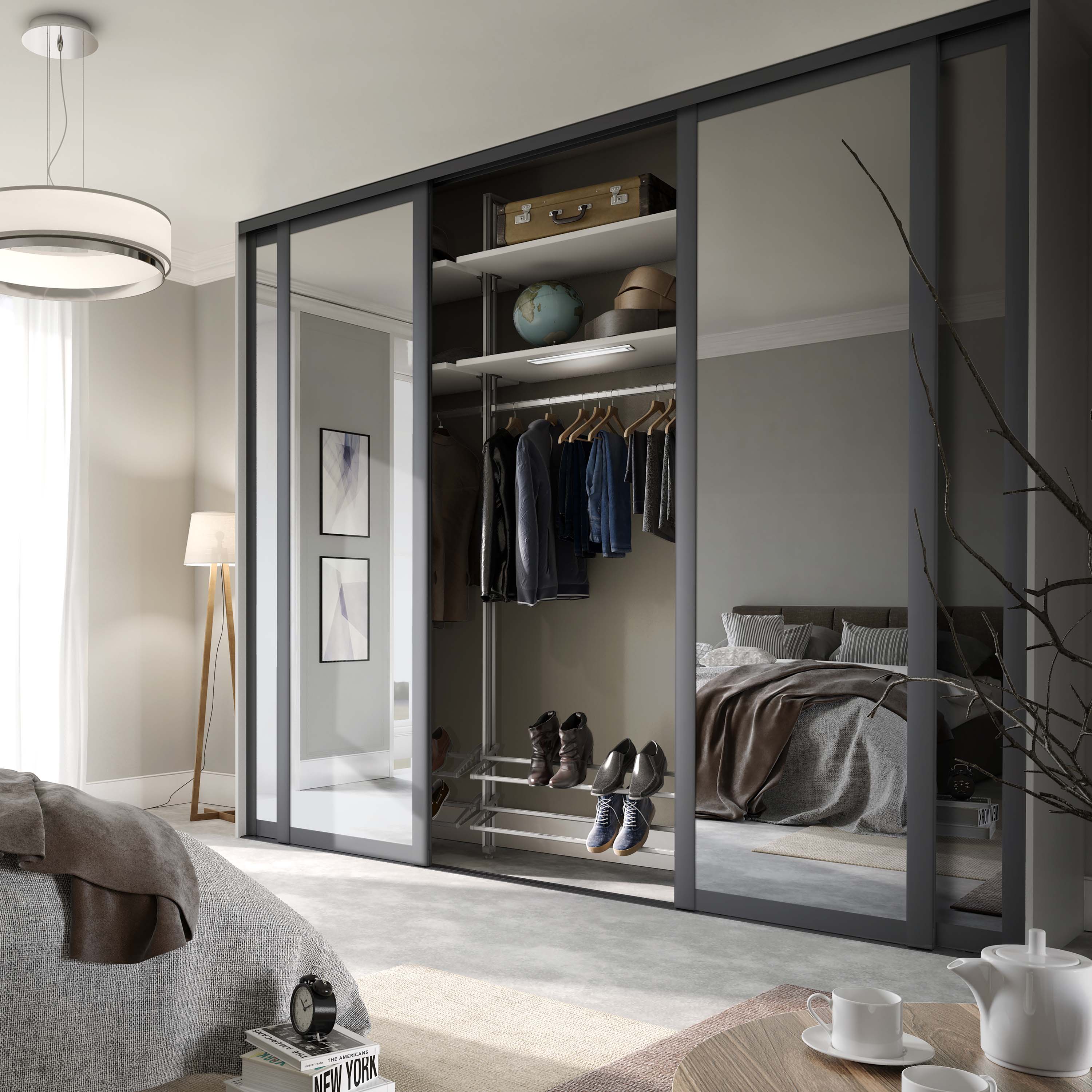 Spacepro Shaker 4 Door sliding wardrobe Kit Mirror with Graphite frame (w)2290mm