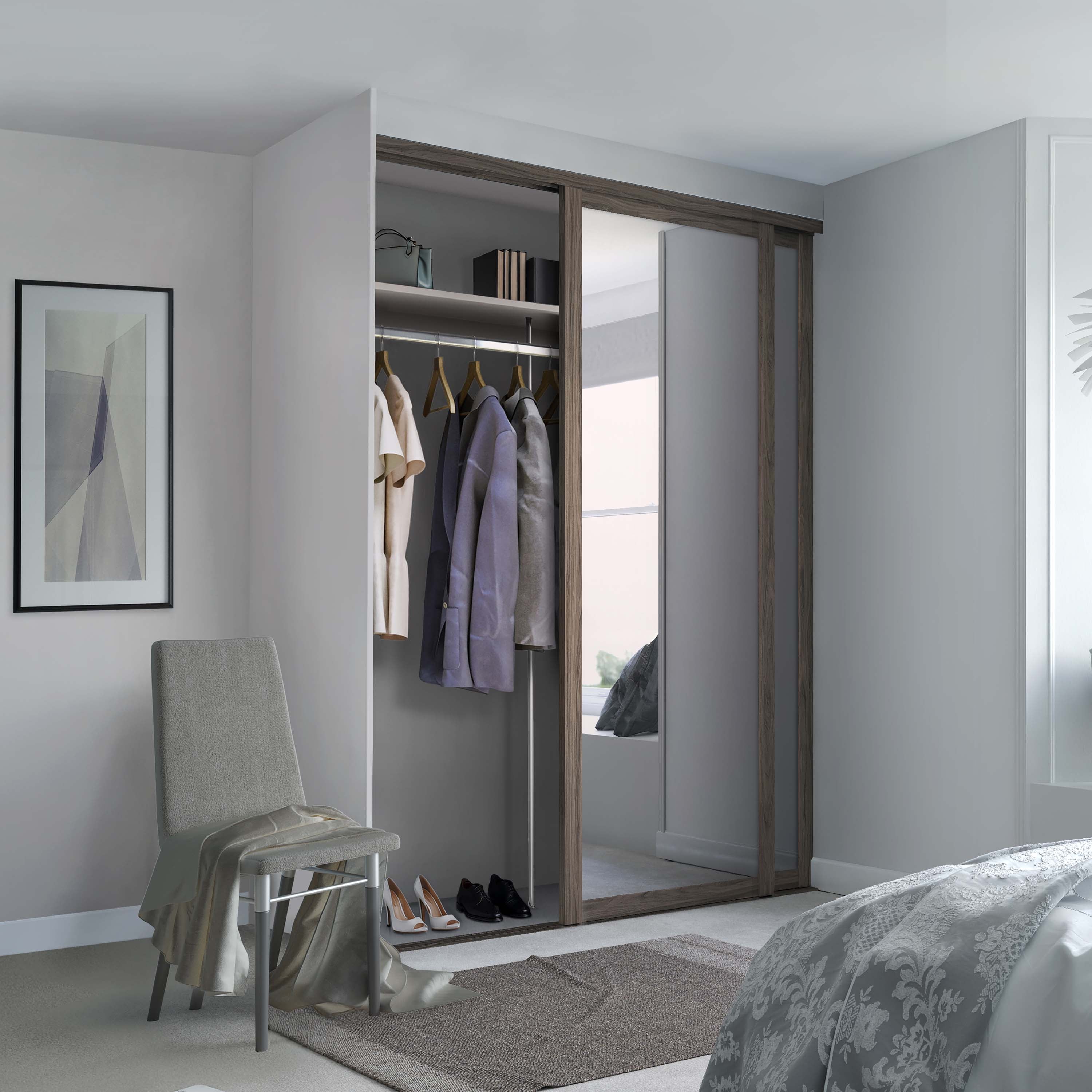 Spacepro Shaker 2 Door sliding wardrobe Kit Mirror Walnut frame (w)1449mm