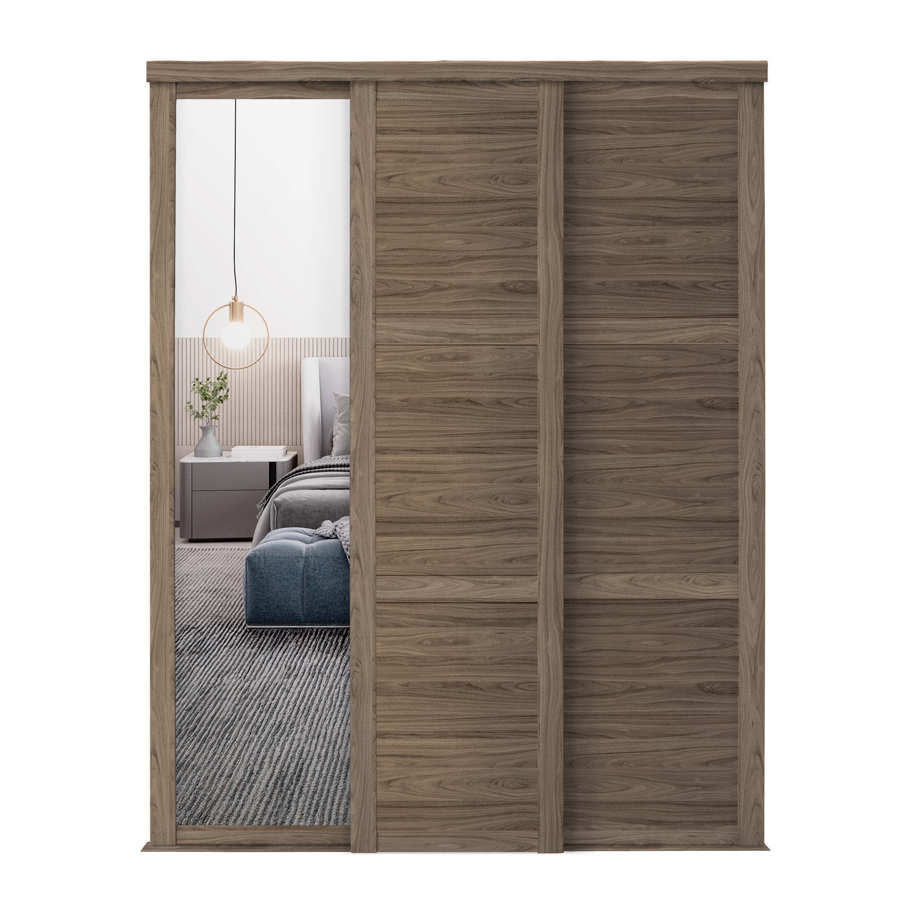 Spacepro Shaker 3 Door sliding wardrobe Kit Walnut frame 2 x Panel 1 x Mirror (w)1680mm