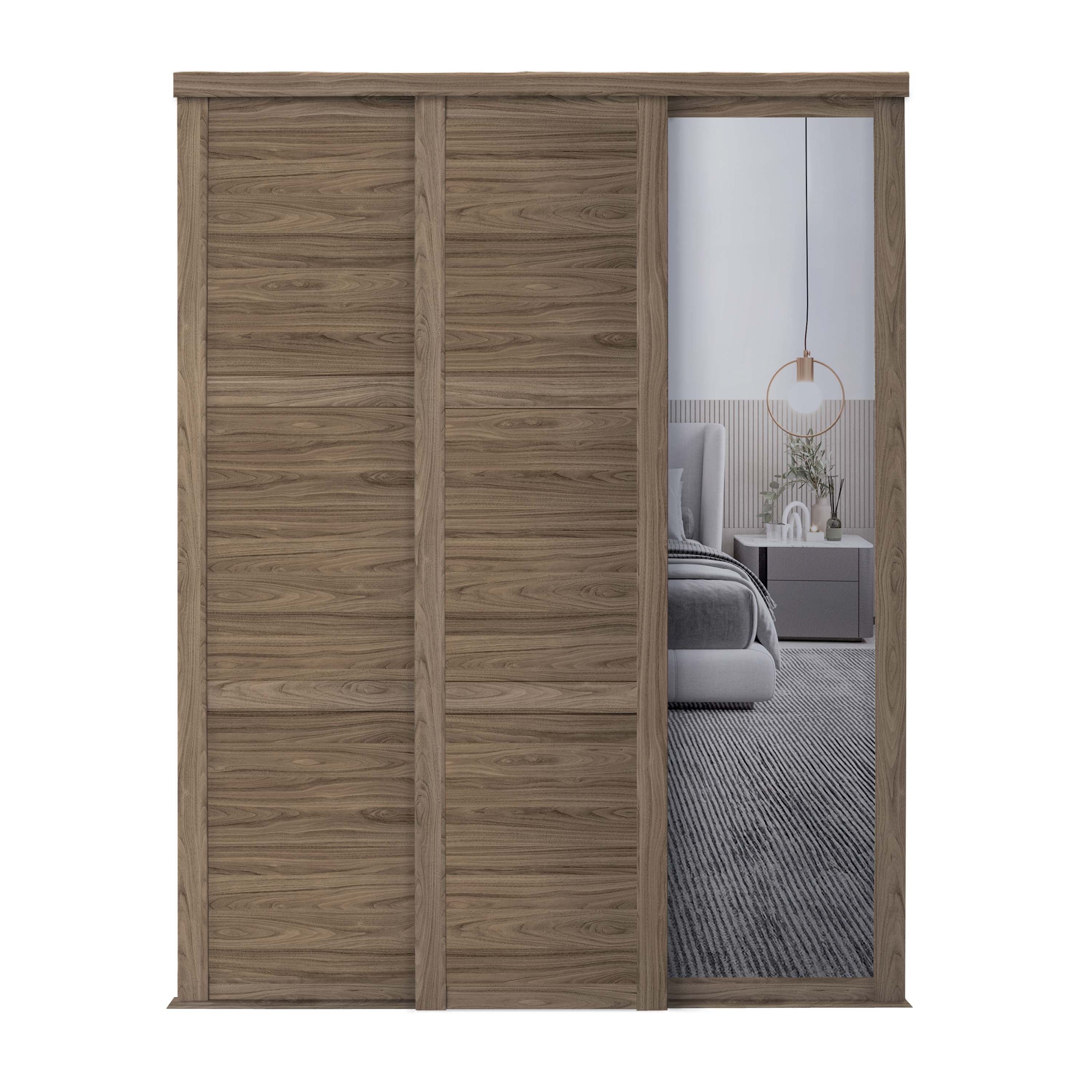 Spacepro Shaker 3 Door sliding wardrobe Kit Walnut frame 2 x Panel 1 x Mirror (w)2136mm