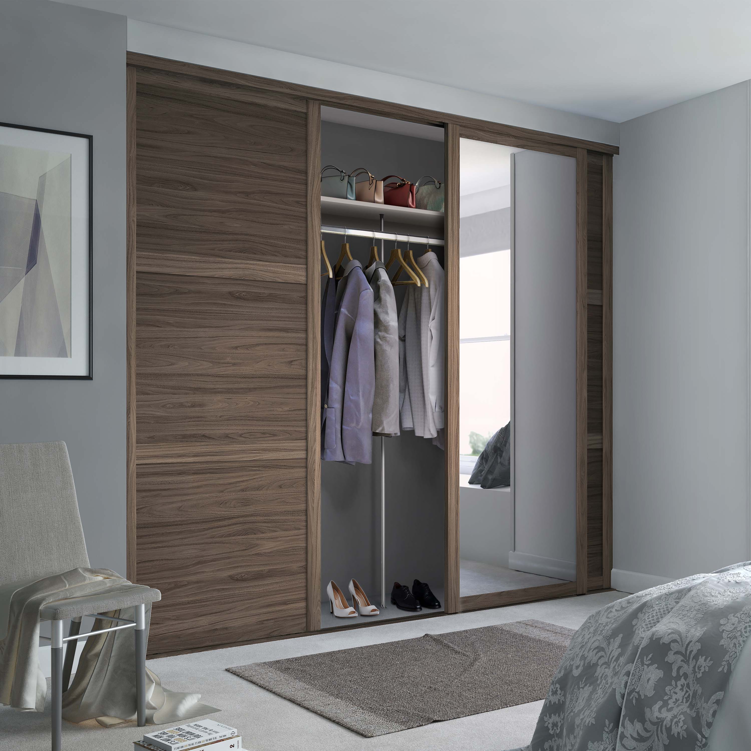 Spacepro Shaker 3 Door sliding wardrobe Kit Walnut frame 2 x Panel 1 x Mirror (w)2136mm
