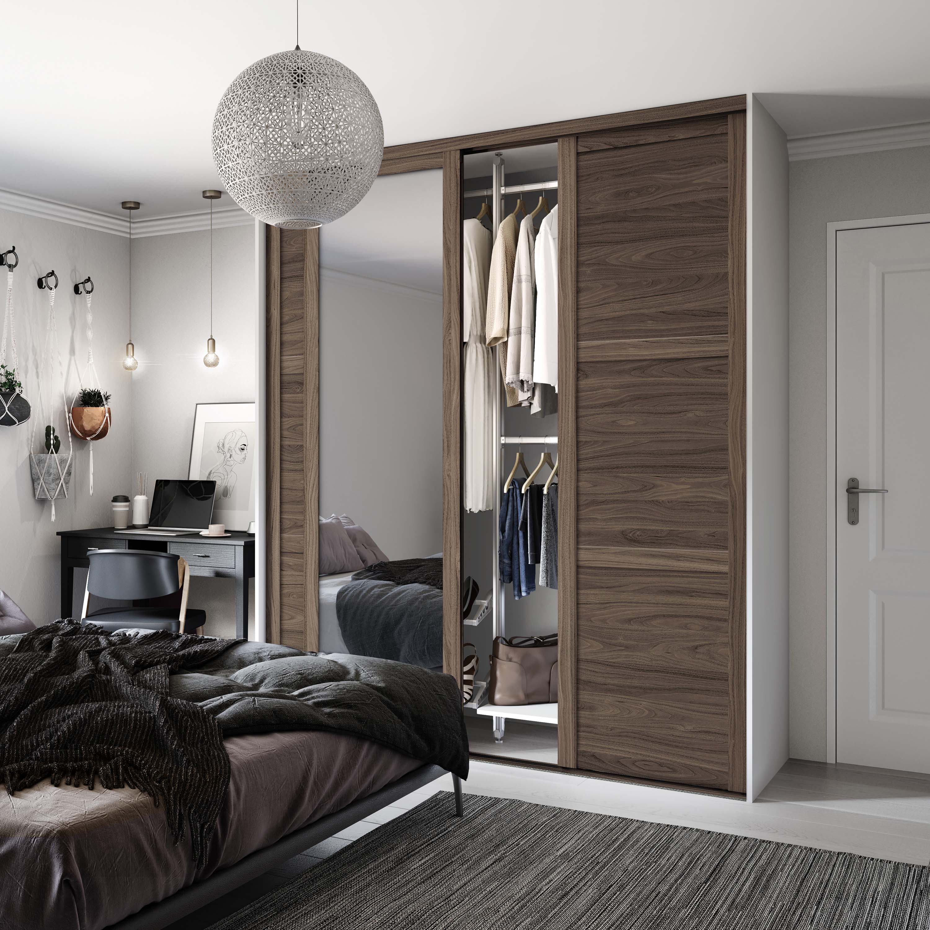 Spacepro Shaker 3 Door sliding wardrobe Kit Walnut frame 2 x Panel 1 x Mirror (w)2136mm