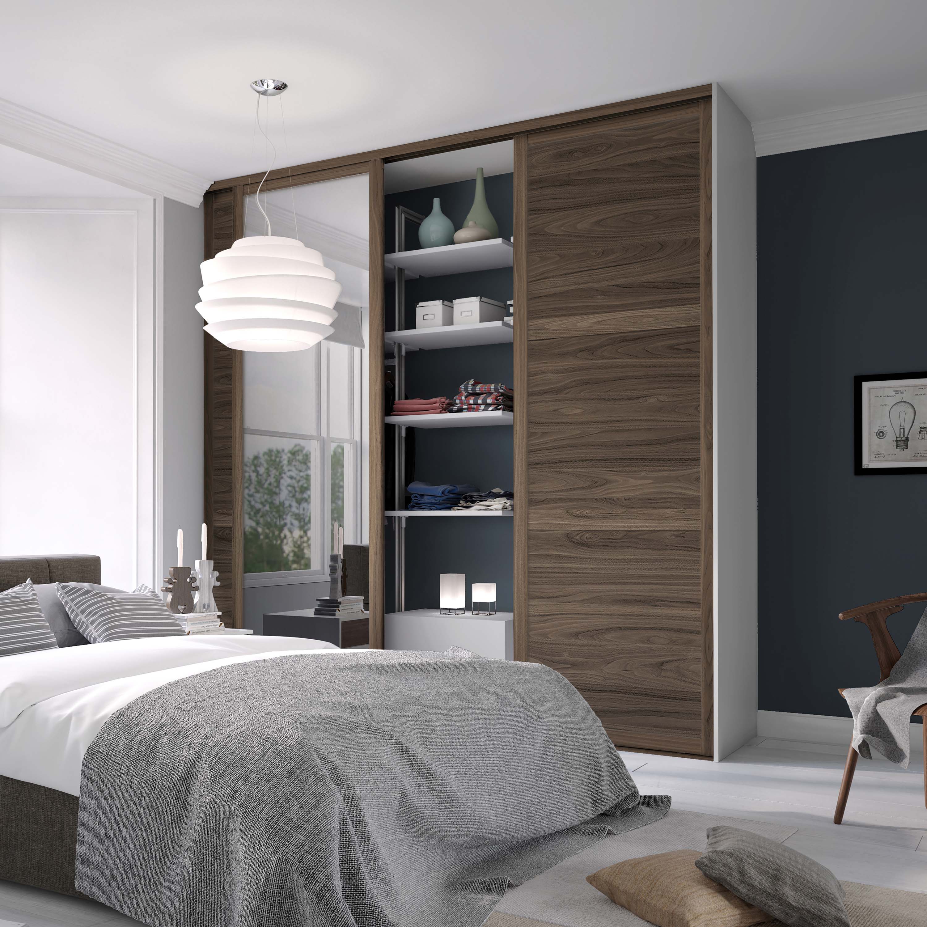 Spacepro Shaker 3 Door sliding wardrobe Kit Walnut frame 2 x Panel 1 x Mirror (w)2592mm