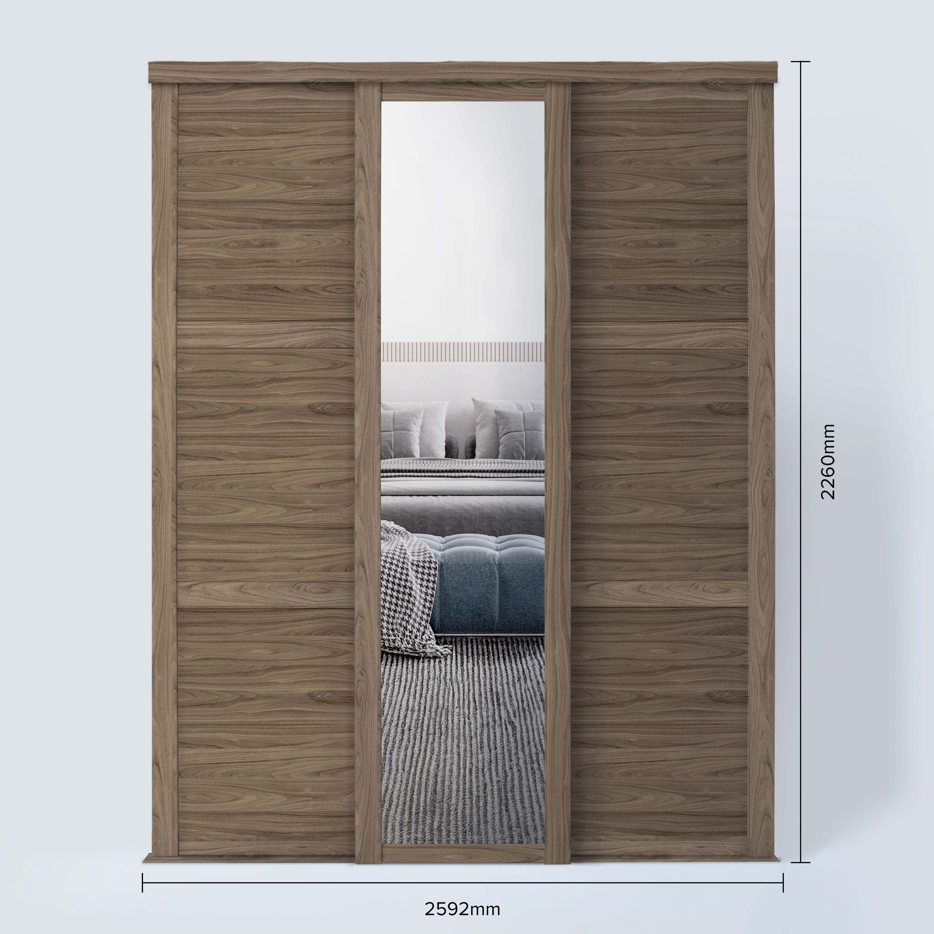 Spacepro Shaker 3 Door sliding wardrobe Kit Walnut frame 2 x Panel 1 x Mirror (w)2592mm