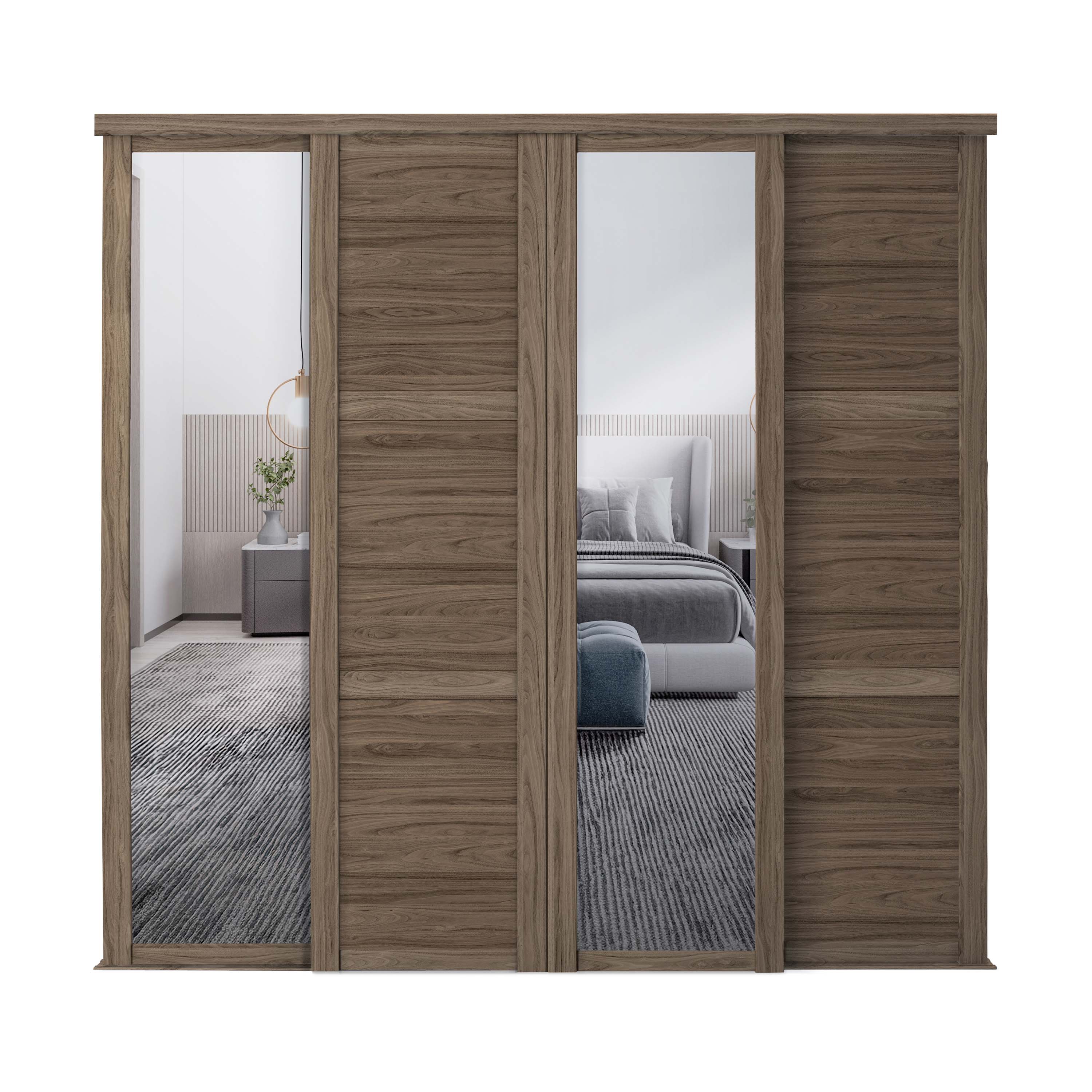 Spacepro Shaker 4 Door sliding wardrobe Kit Walnut frame 2 x Panel 2 x Mirror (w)2290mm