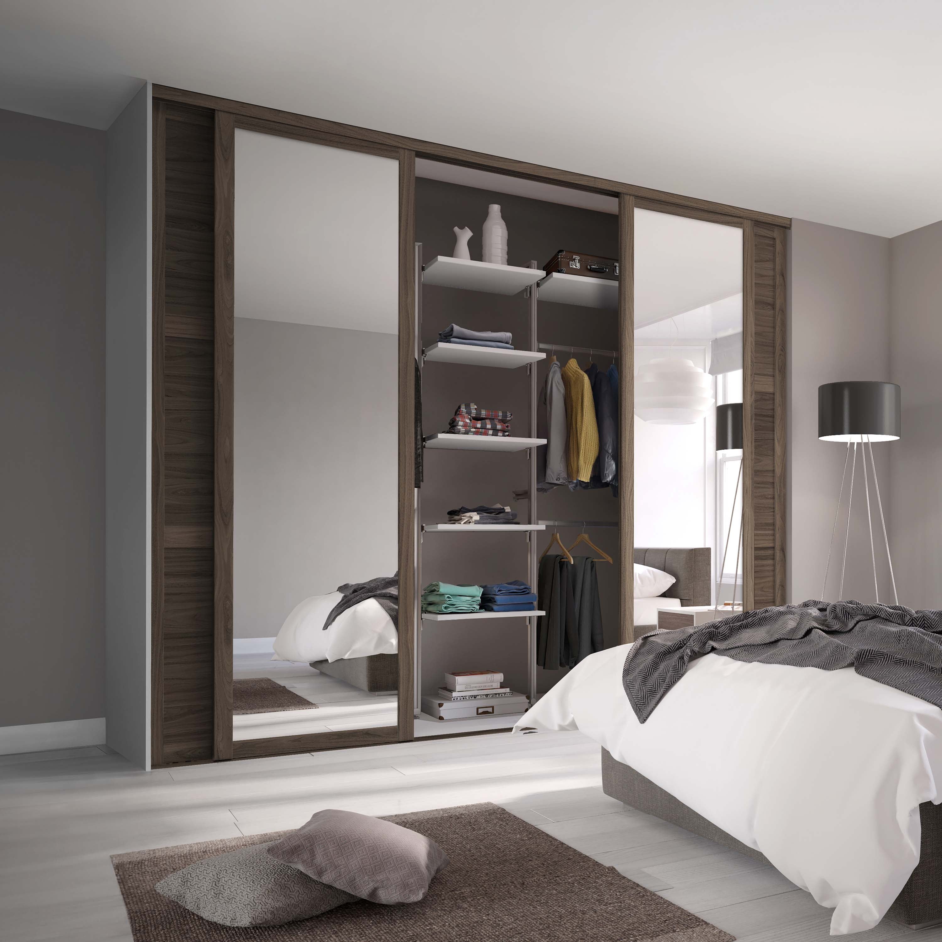Spacepro Shaker 4 Door sliding wardrobe Kit Walnut frame 2 x Panel 2 x Mirror (w)2290mm