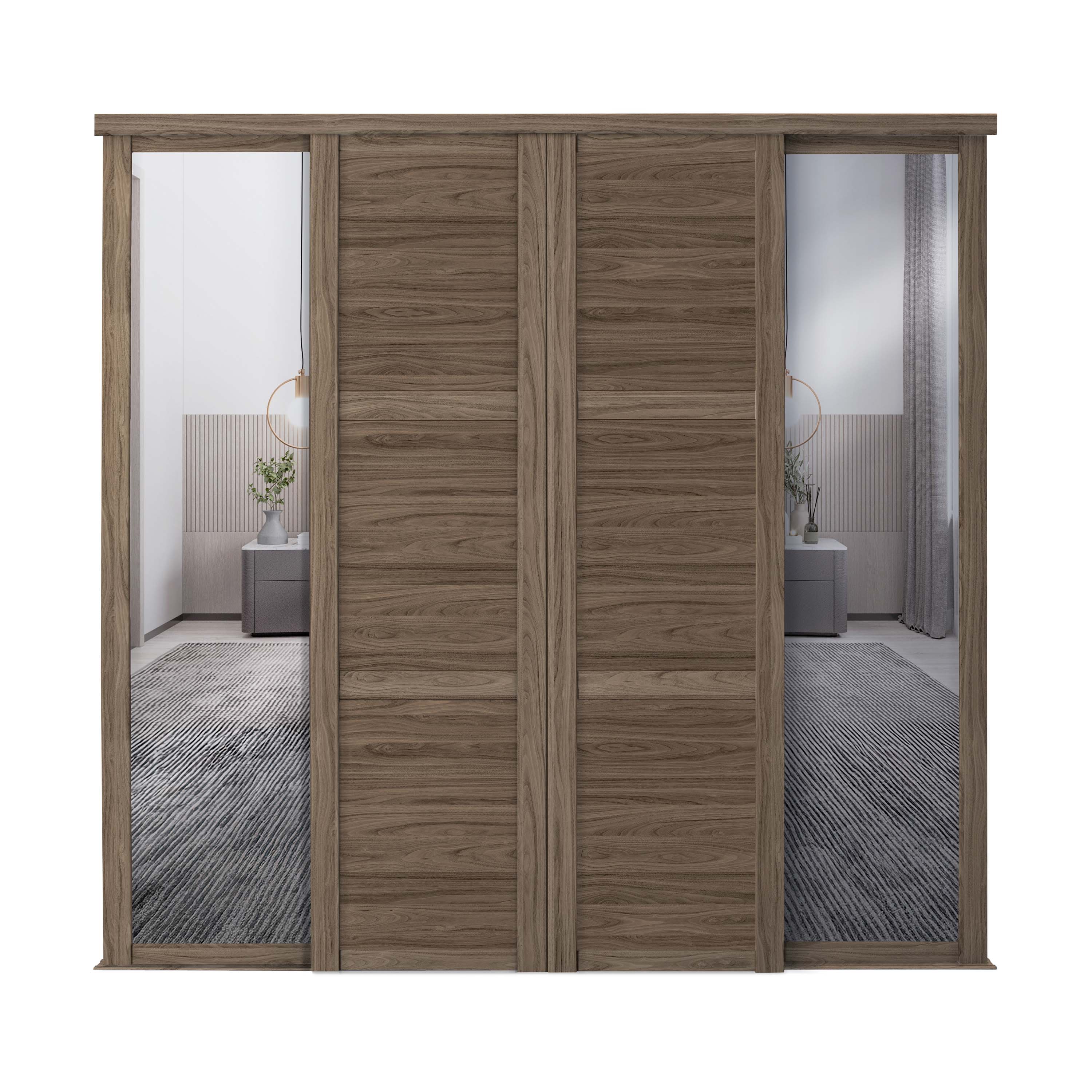 Spacepro Shaker 4 Door sliding wardrobe Kit Walnut frame 2 x Panel 2 x Mirror (w)2898mm