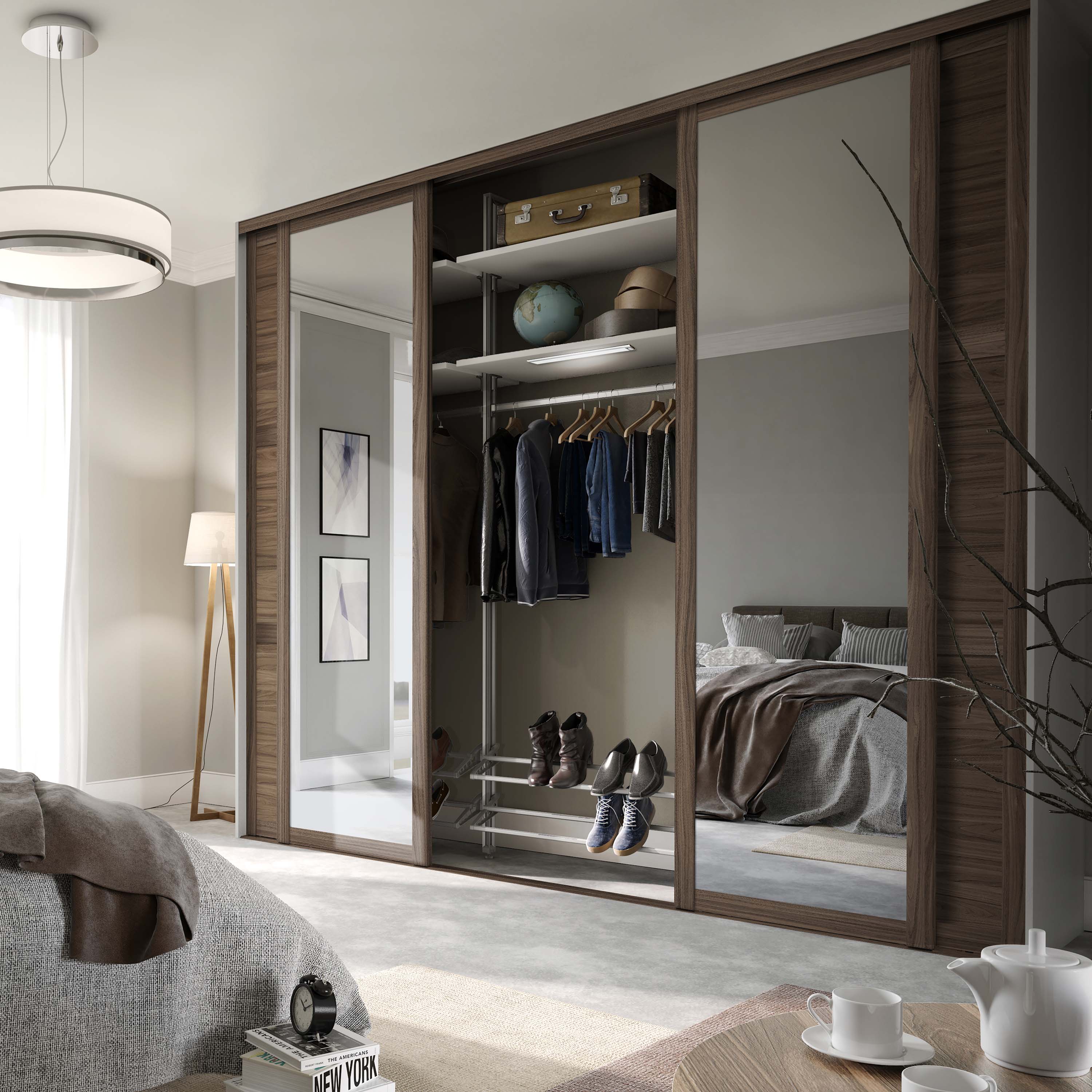 Spacepro Shaker 4 Door sliding wardrobe Kit Walnut 2 X Panel 2 x Mirror (w)3506mm