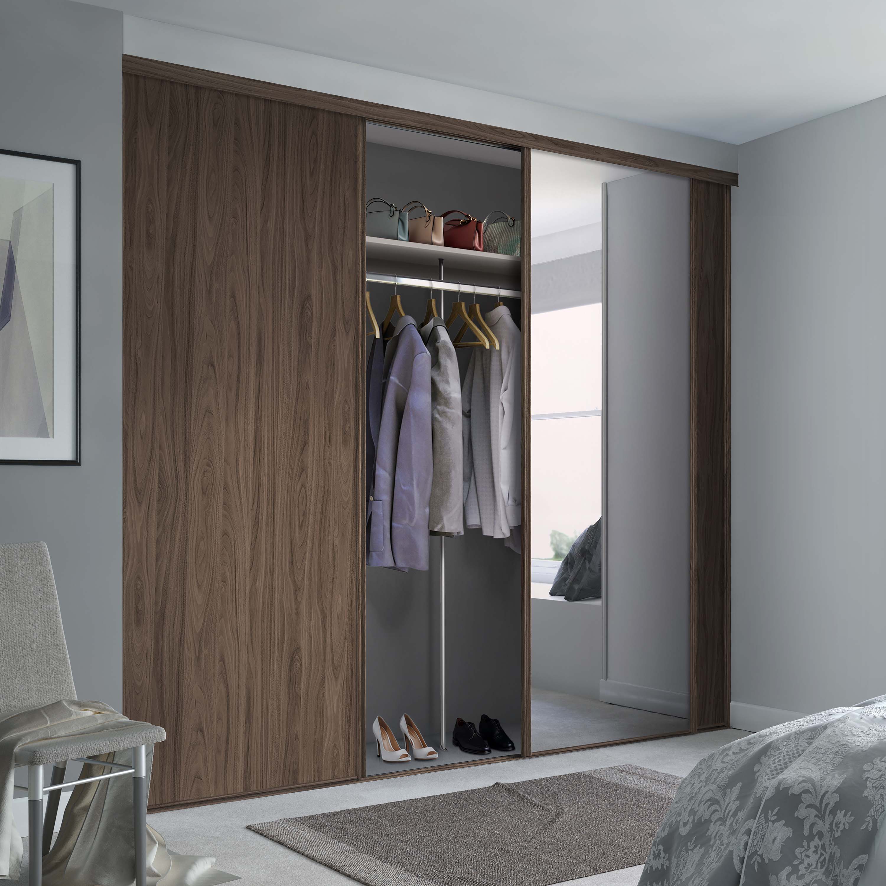 Spacepro Classic 3 Door sliding wardrobe Kit Walnut frame 2 x Panel 1 x Mirror (w)1760mm