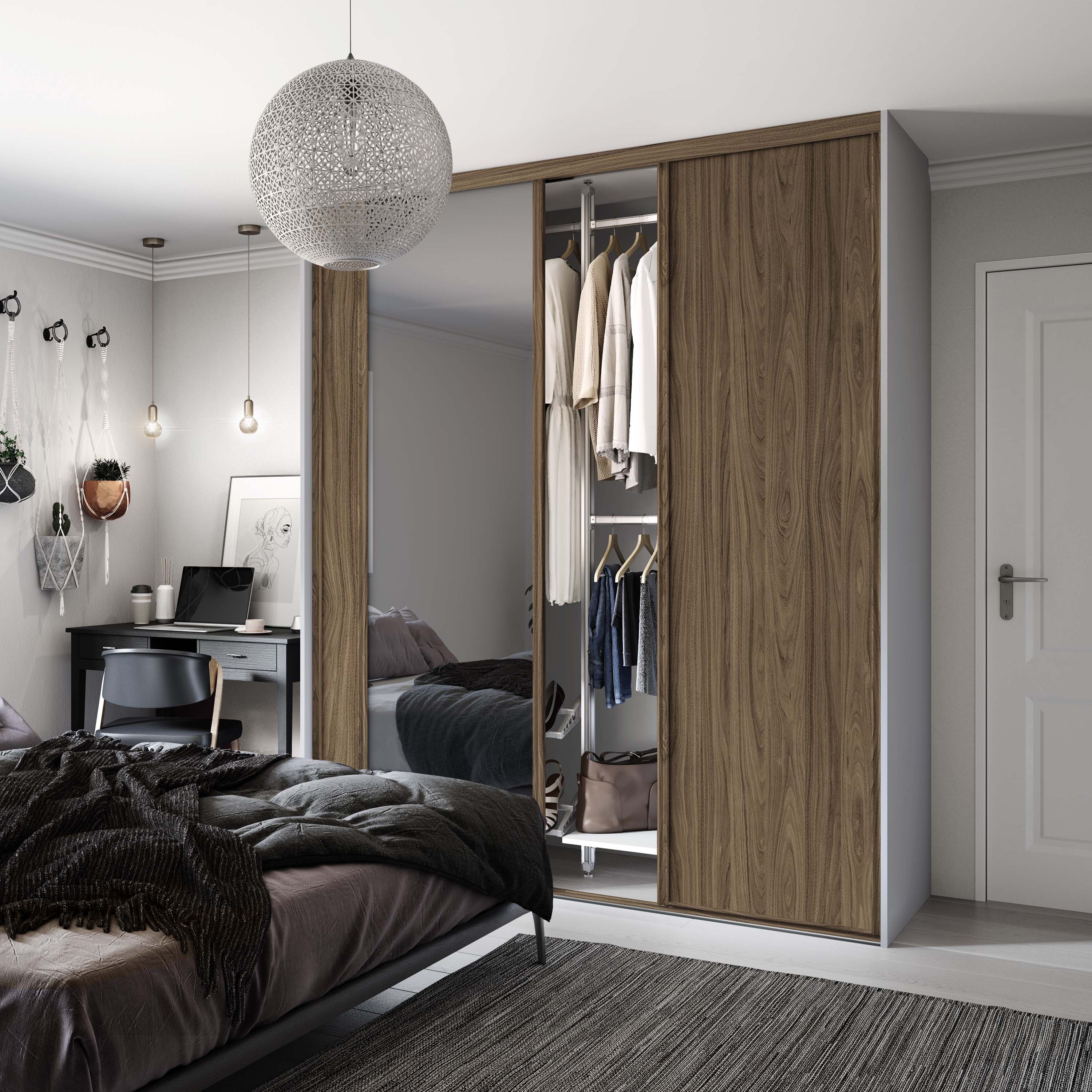 Spacepro Classic 3 Door sliding wardrobe Kit Walnut frame 2 x Panel 1 x Mirror (w)1760mm