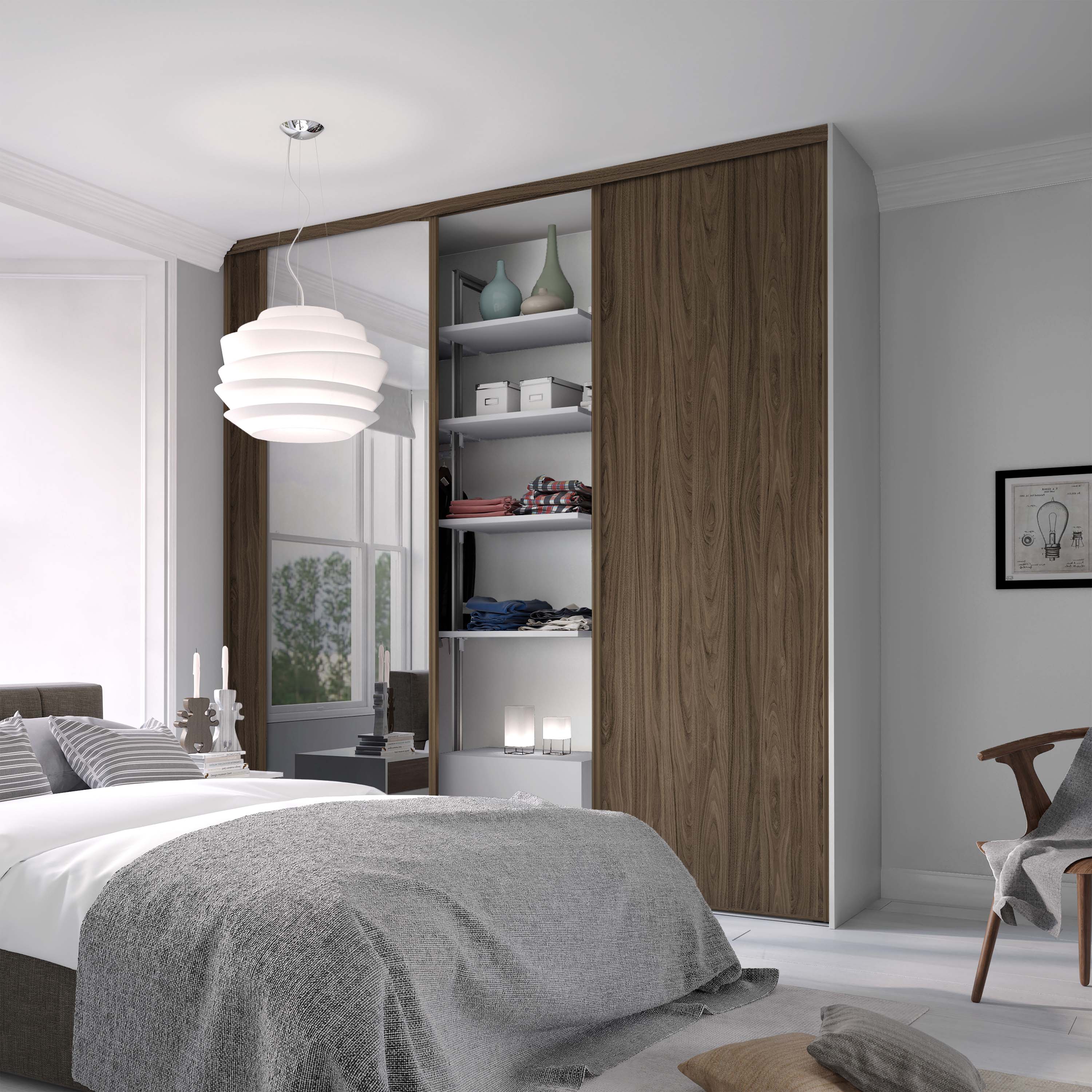 Spacepro Classic 3 Door sliding wardrobe Kit Walnut frame 2 x Panel 1 x Mirror (w)2216mm