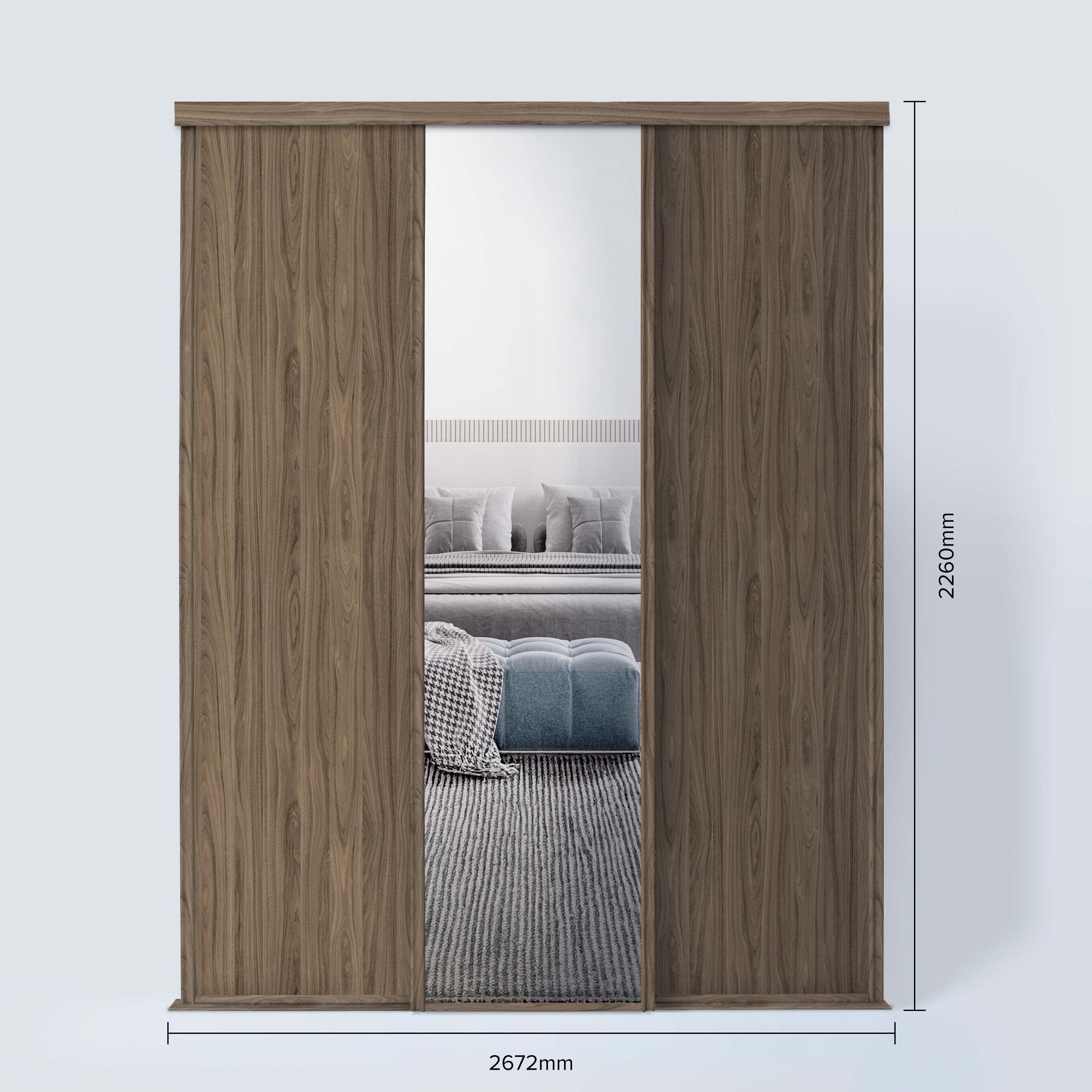 Spacepro Classic 3 Door sliding wardrobe Kit Walnut frame 2 x Panel 1 x Mirror (w)2672mm
