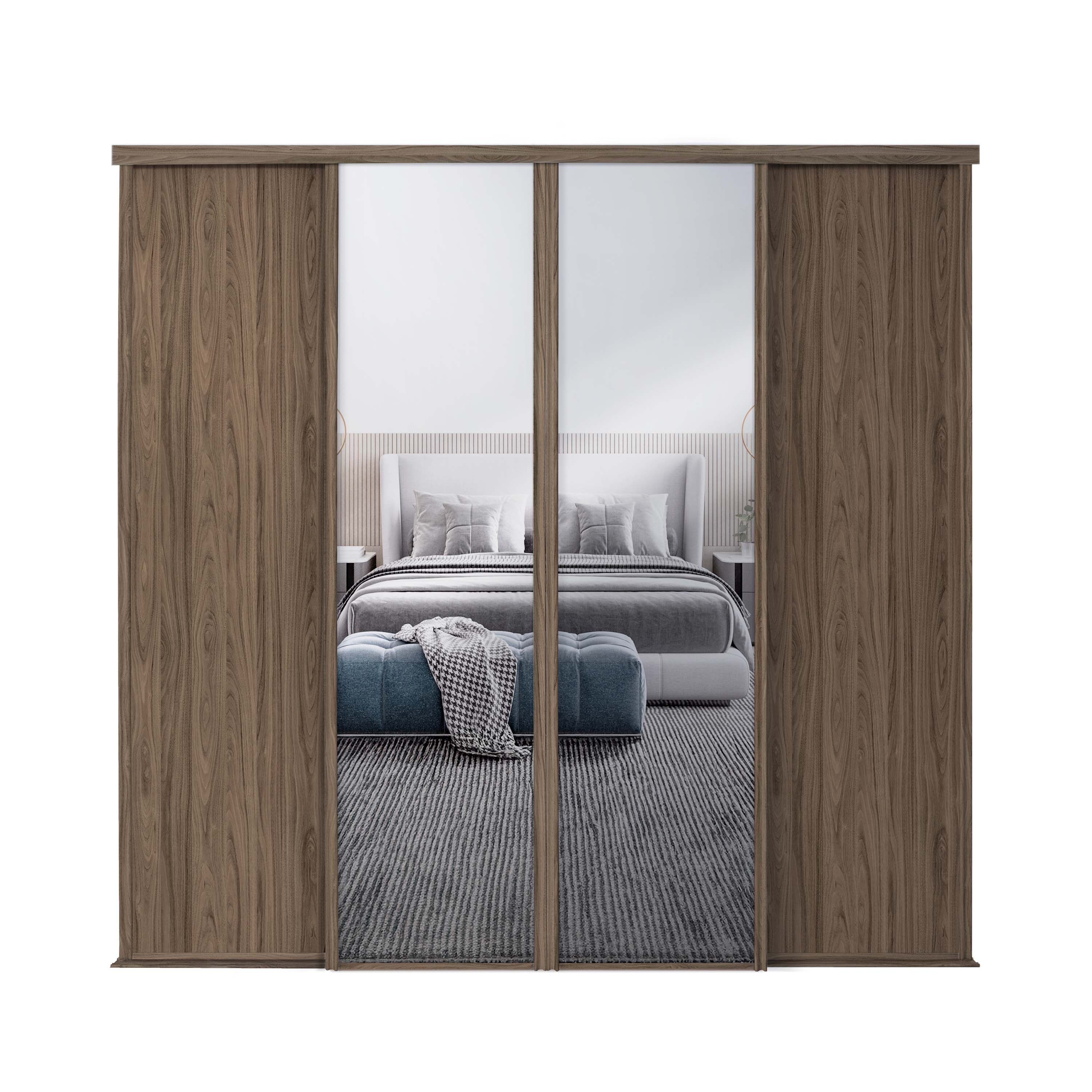 Spacepro Classic 4 Door sliding wardrobe Kit Walnut frame 2 x Panel 2 x Mirror (w)2978mm