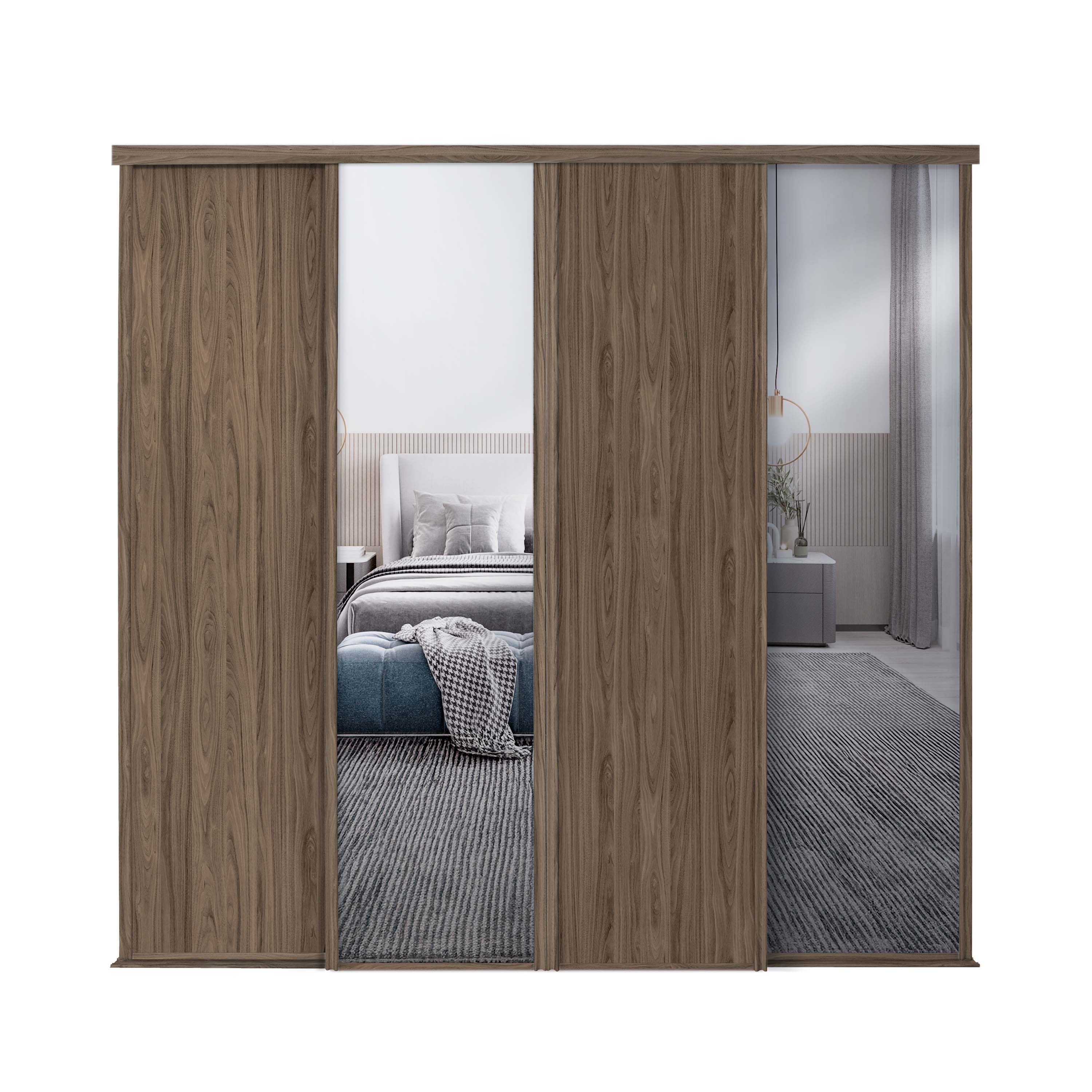 Spacepro Classic 4 Door sliding wardrobe Kit Walnut frame 2 x Panel 2 x Mirror (w)3586mm