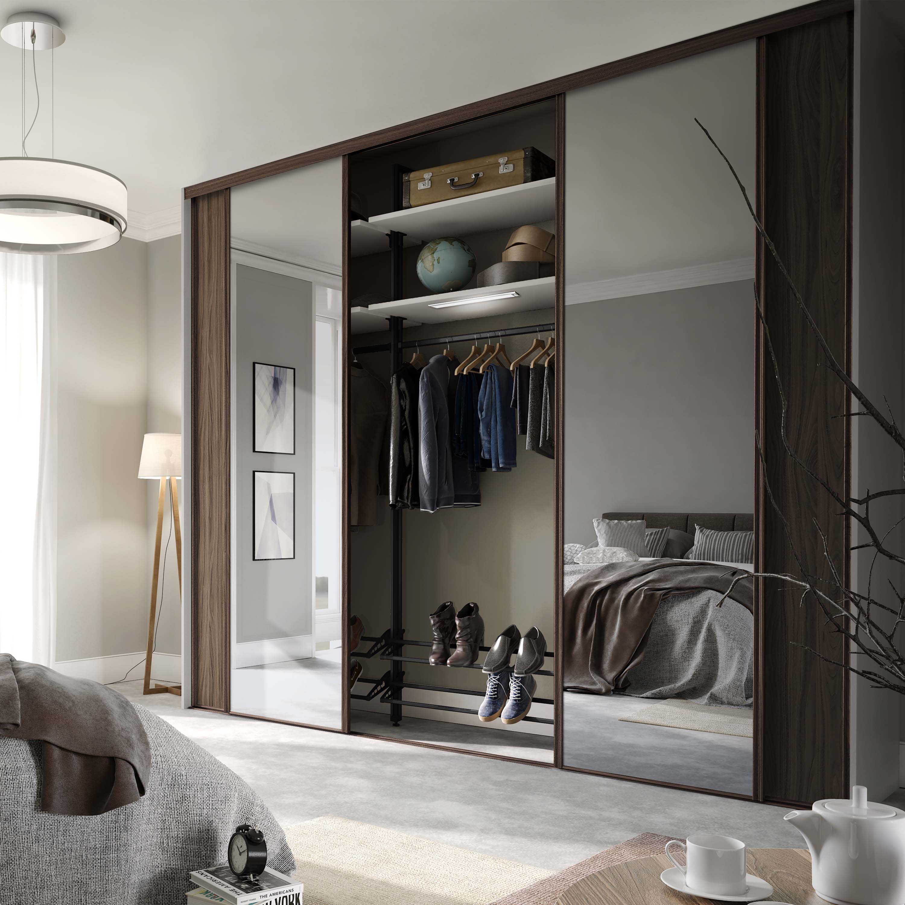 Spacepro Classic 4 Door sliding wardrobe Kit Walnut frame 2 x Panel 2 x Mirror (w)3586mm