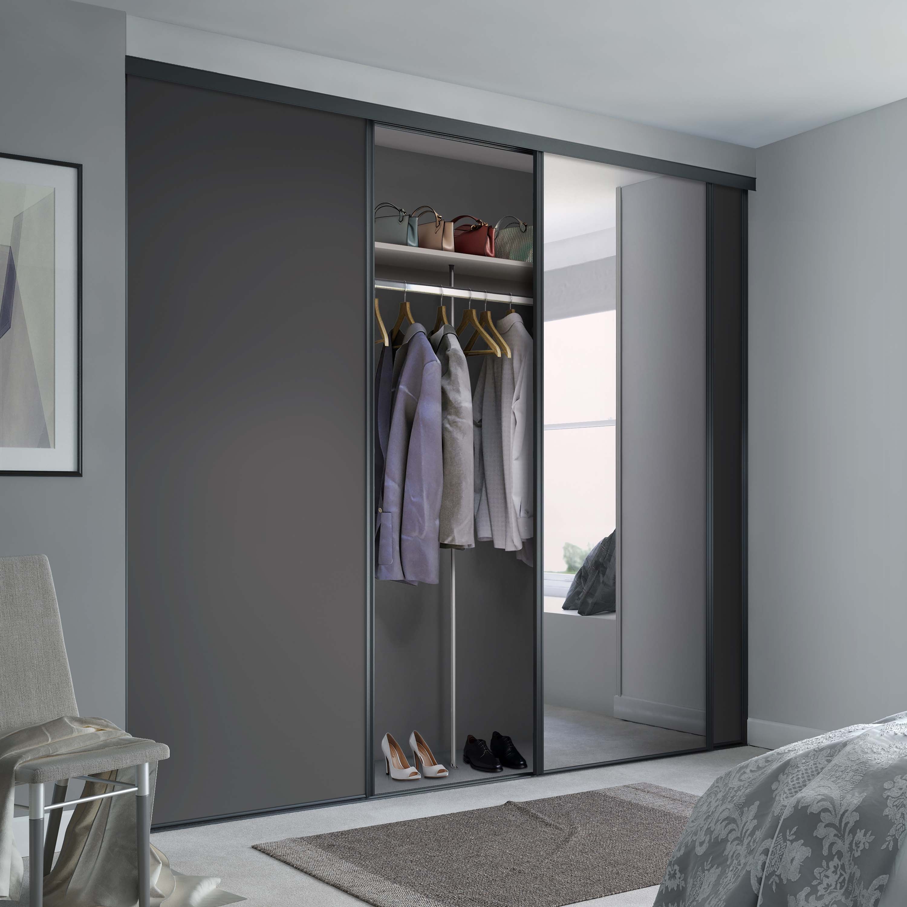 Spacepro Classic 3 Door sliding wardrobe Kit Graphite frame 2 x Panel 1 x Mirror (w)1760mm