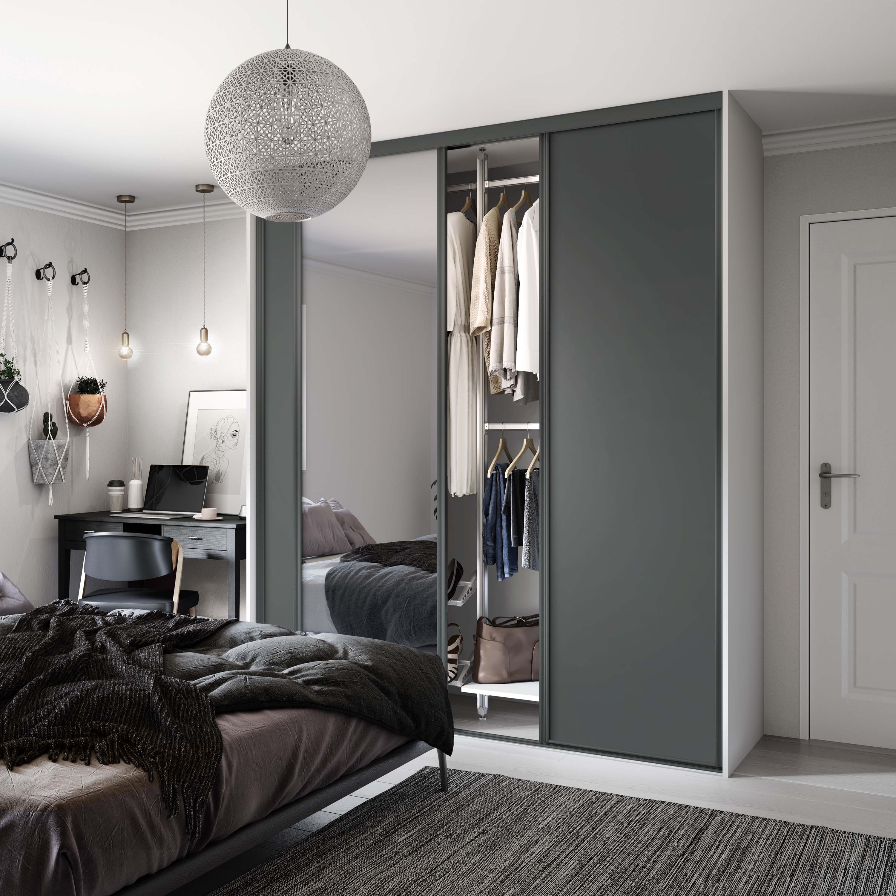 Spacepro Classic 3 Door sliding wardrobe Kit Graphite frame 2 x Panel 1 x Mirror (w)1760mm
