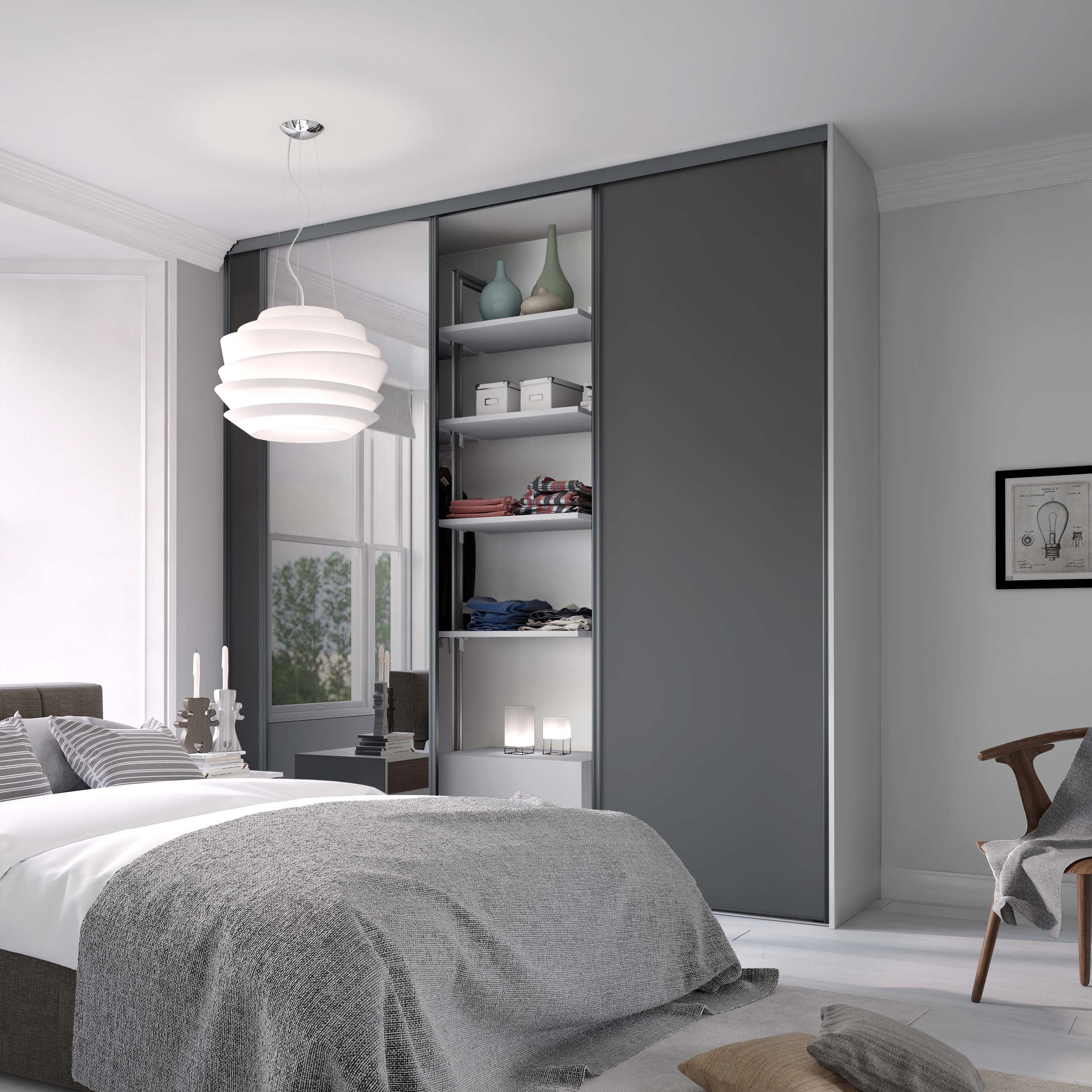 Spacepro Classic 3 Door sliding wardrobe Kit Graphite frame 2 x Panel 1 x Mirror (w)2216mm