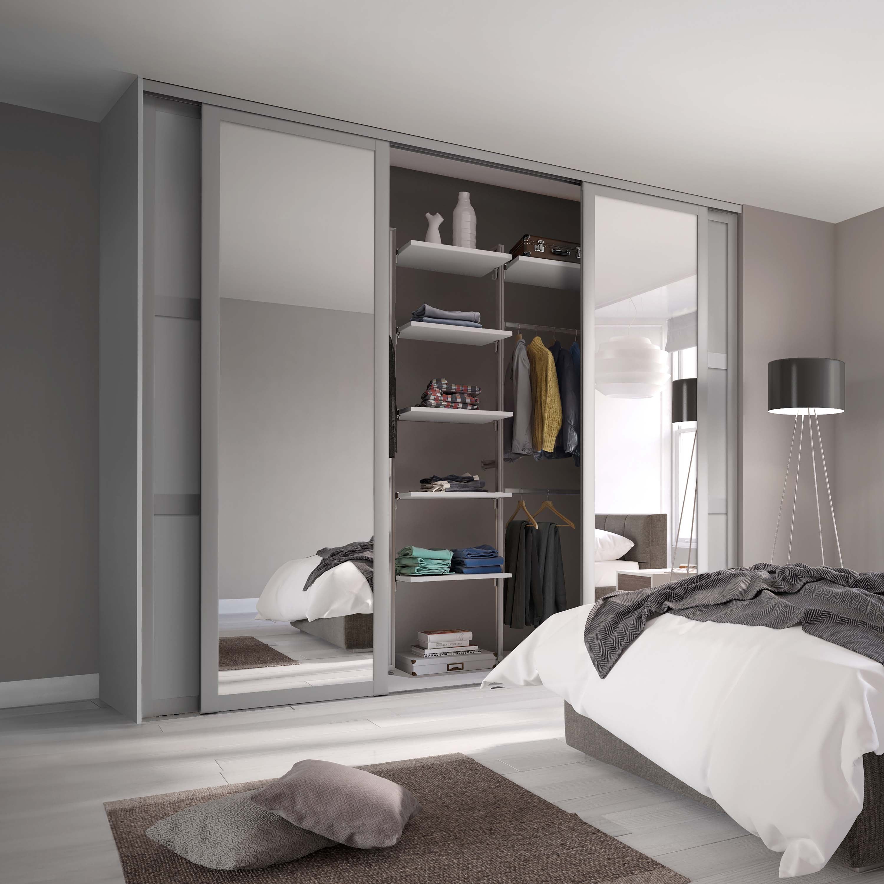 Spacepro Shaker 4 door Dove Grey sliding wardrobe kit with 2 Panel and 2 Mirror 3506mm