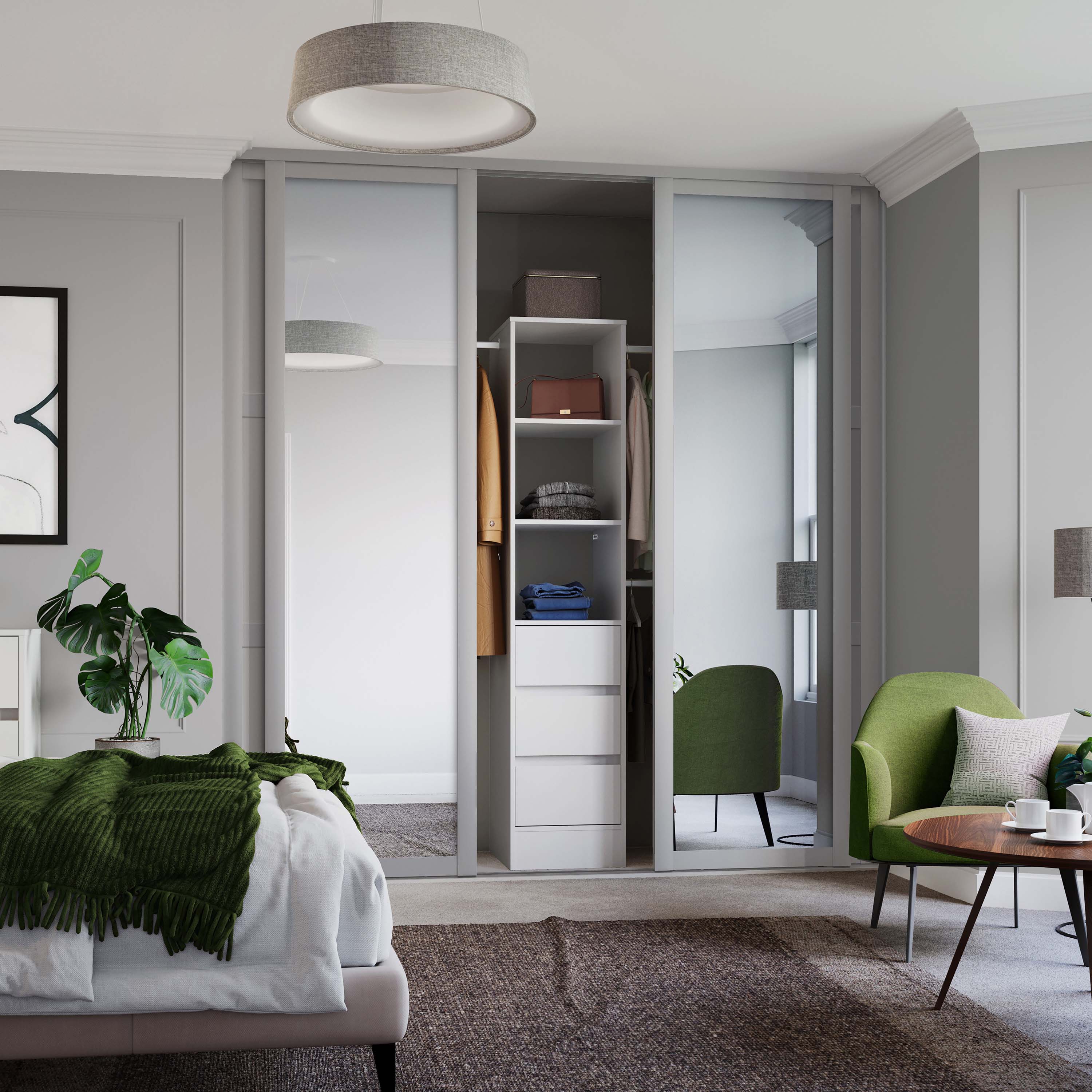 Spacepro Shaker 4 door Dove Grey sliding wardrobe kit with 2 Panel and 2 Mirror 3506mm