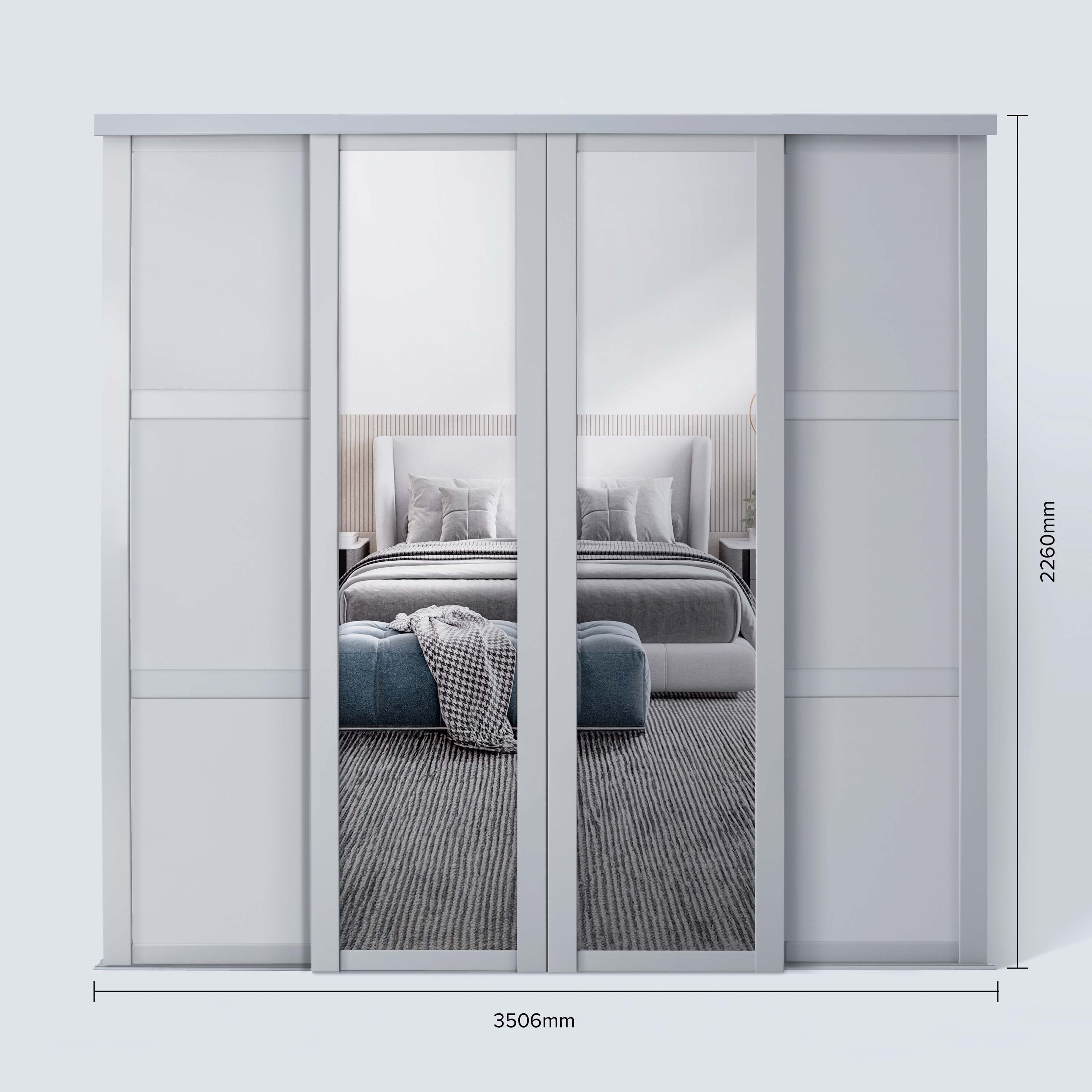 Spacepro Shaker 4 door Dove Grey sliding wardrobe kit with 2 Panel and 2 Mirror 3506mm
