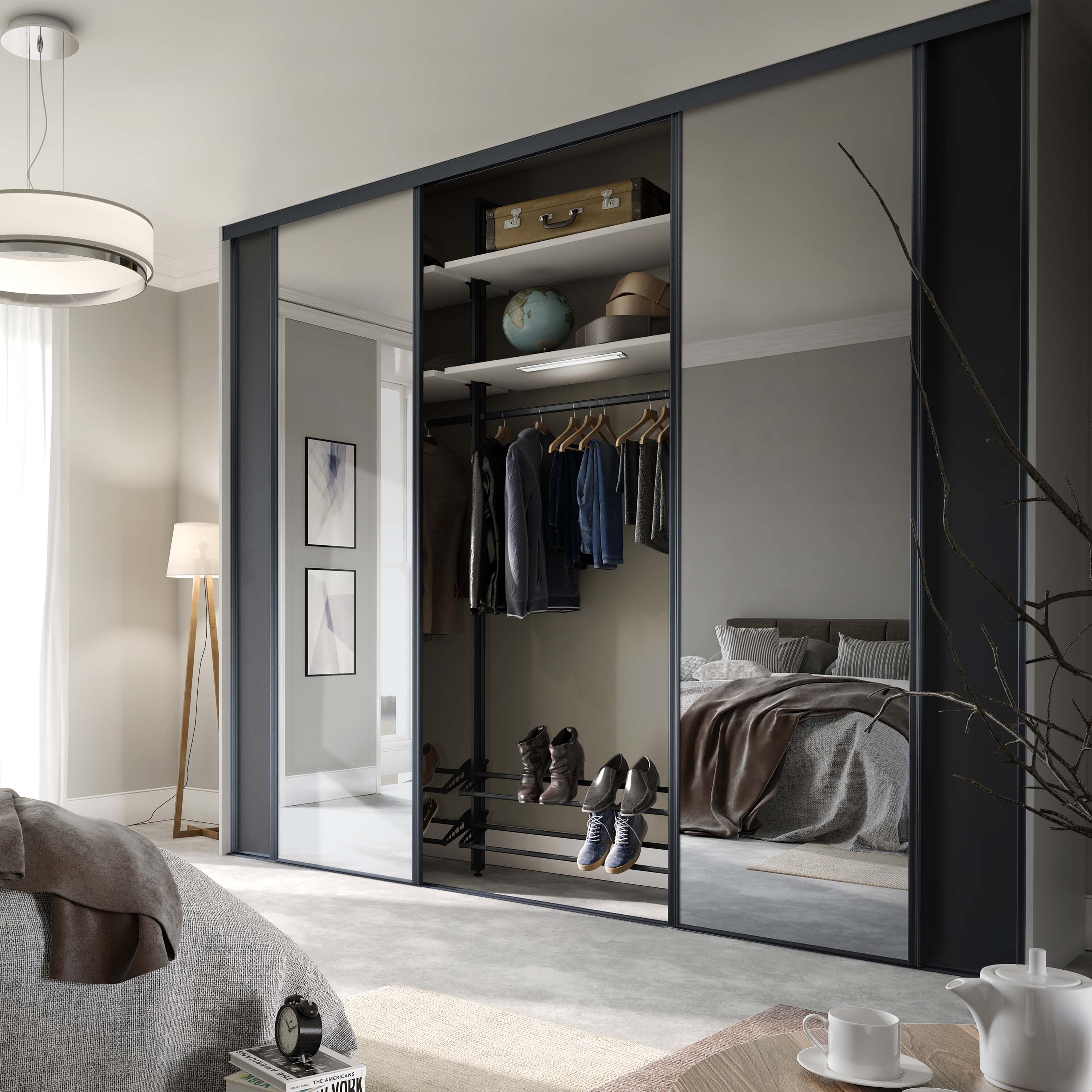 Spacepro Classic 4 Door sliding wardrobe Kit Graphite frame 2 x Panel 2 x Mirror (w)2370mm