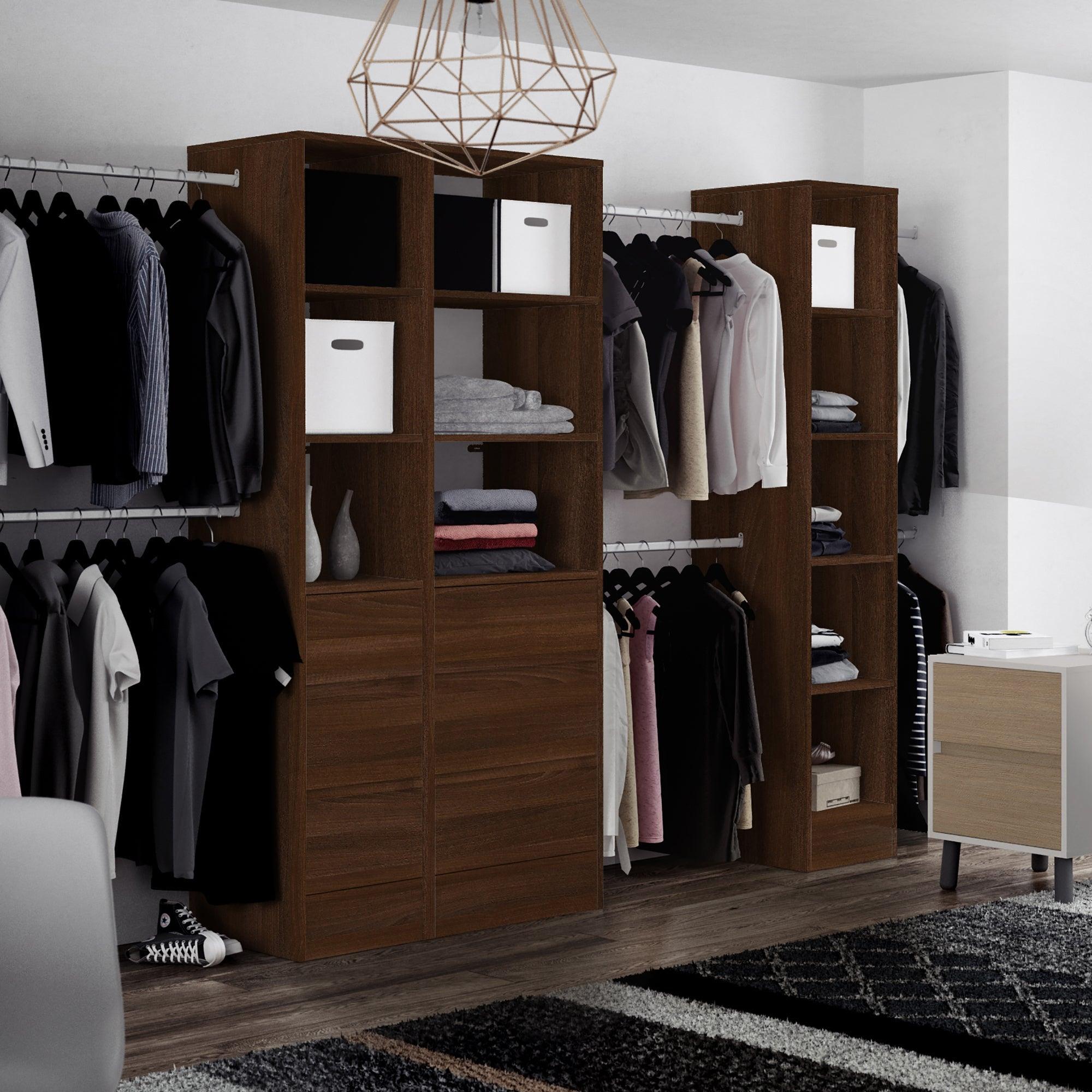 Carini Walnut 3 Drawer Soft Close Wardrobe Shelving Unit with Hanging Bars - Bedrooms Plus