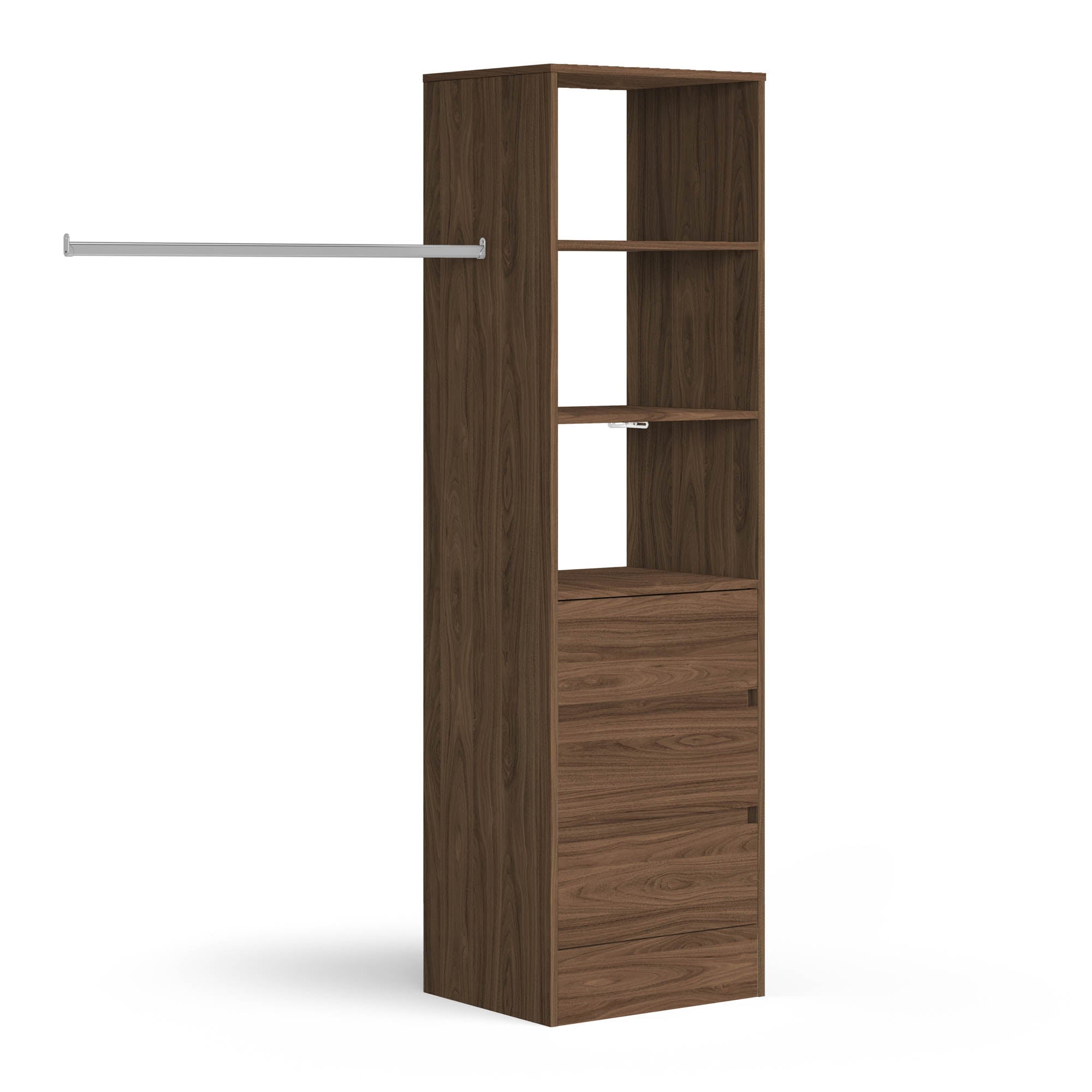 Carini Walnut 3 Drawer Soft Close Wardrobe Shelving Unit with Hanging Bars - Bedrooms Plus